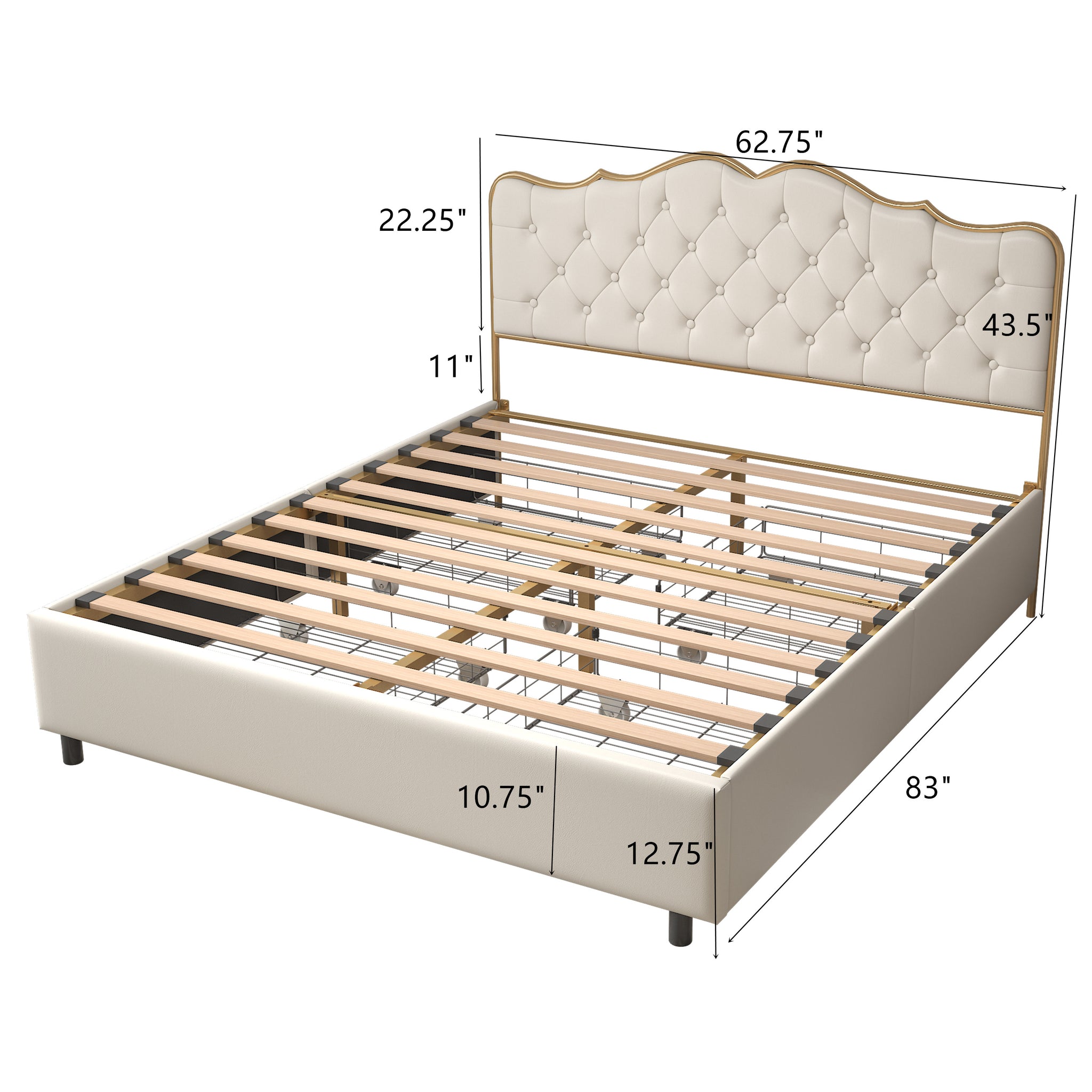 Royard Oaktree Metal Bed with Classic Button Tufted Upholstered Headboard and Footboard Modern Platform Beds Frame with Solid Wood Slats, No Box Spring Needed