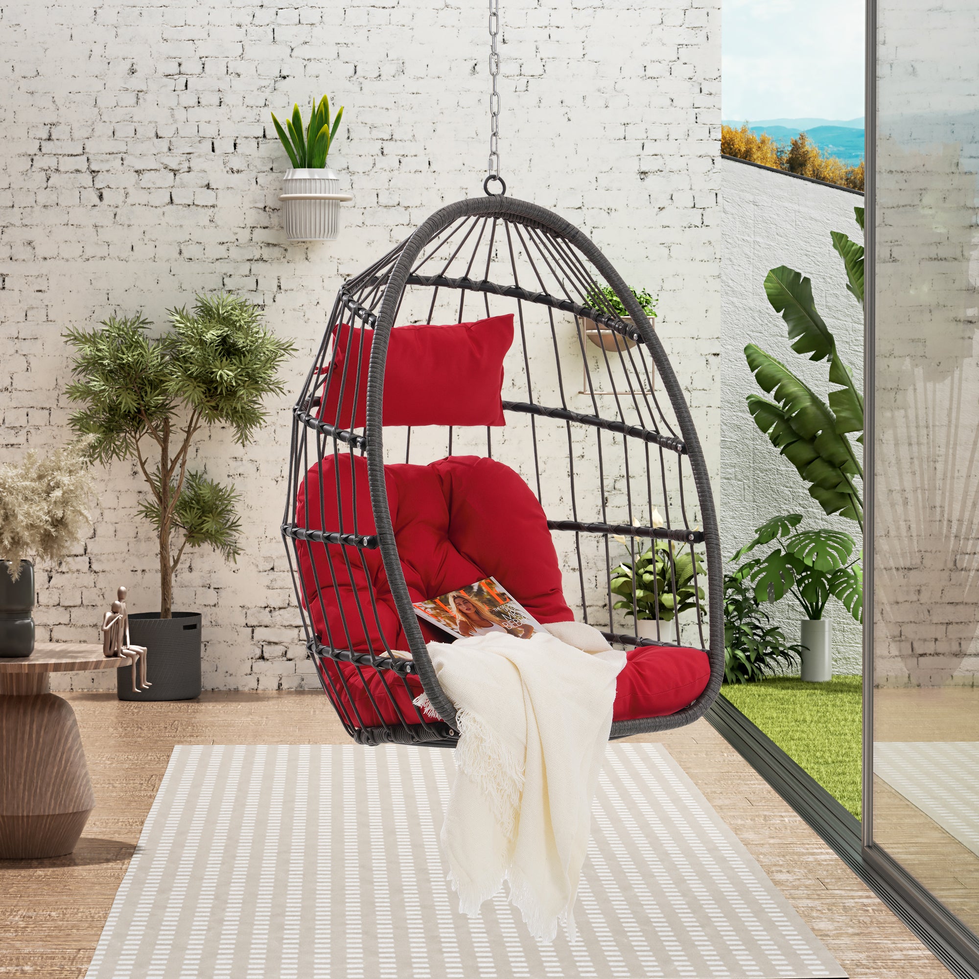 Royard Oaktree Hanging Egg Chair, Indoor/Outdoor Wicker Swing Chairs with Cushion Headrest, Basket Hammock Chairs with Hanging Kit Chain for Bedroom Balcony, Without Stand