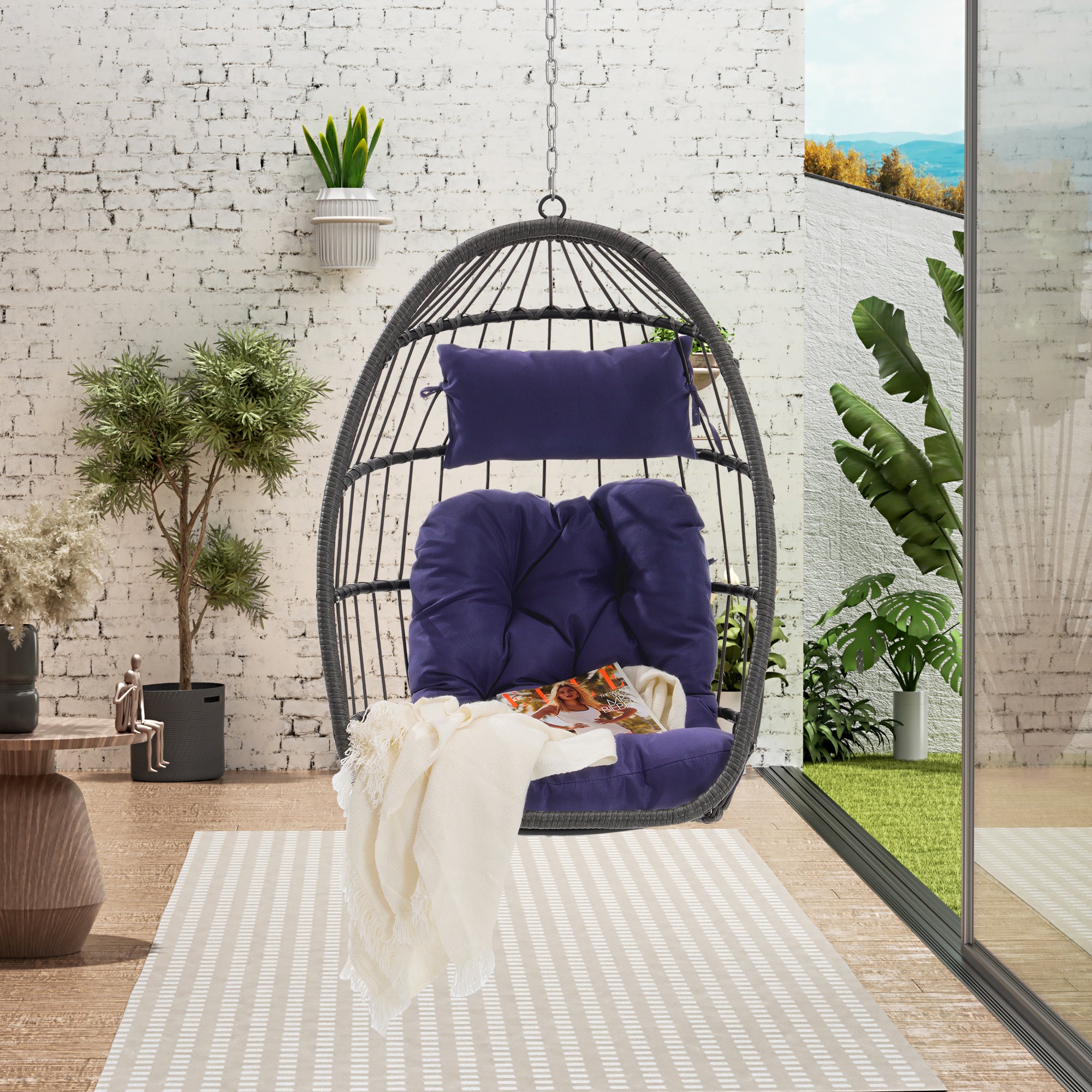 Royard Oaktree Hanging Egg Chair, Indoor/Outdoor Wicker Swing Chairs with Cushion Headrest, Basket Hammock Chairs with Hanging Kit Chain for Bedroom Balcony, Without Stand