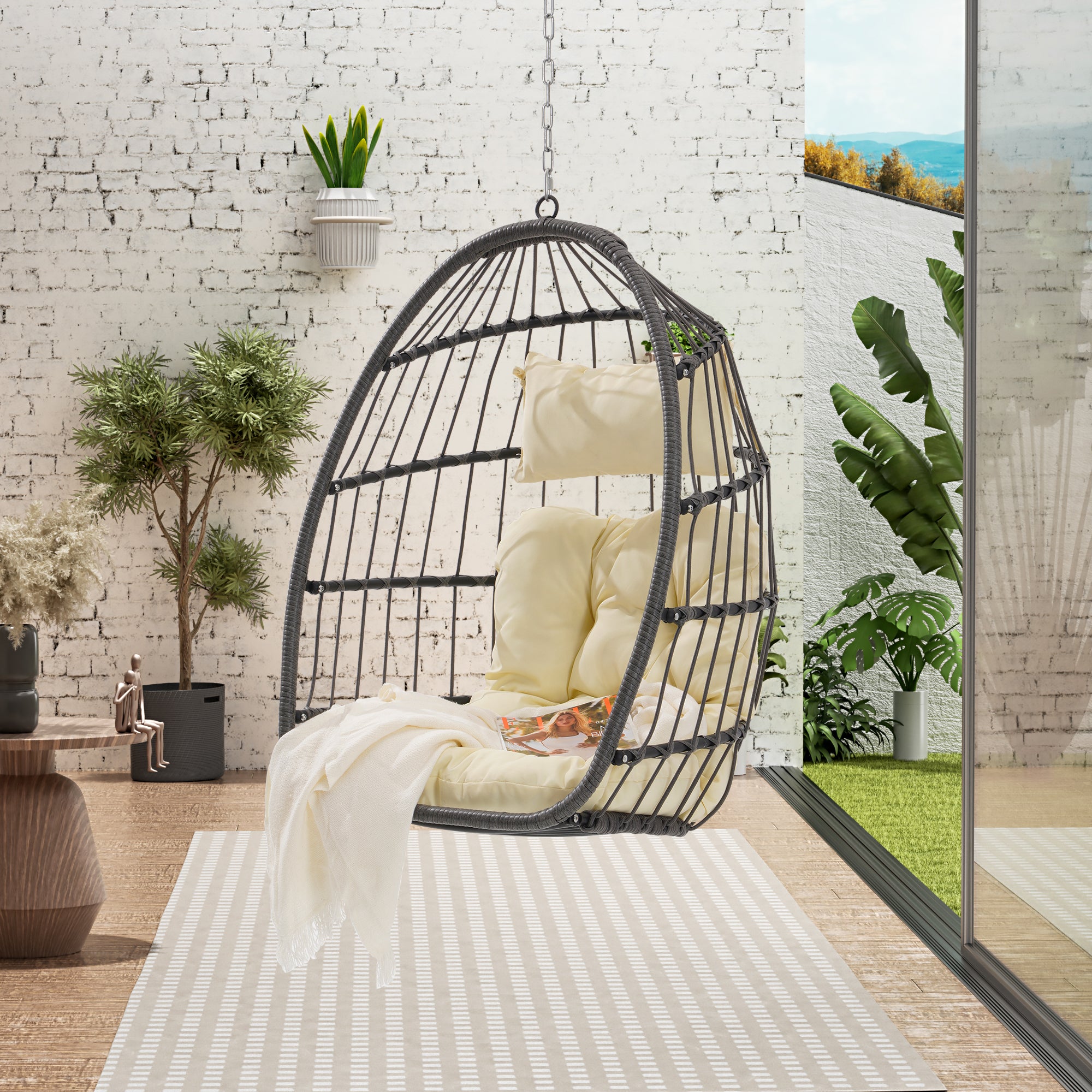 Royard Oaktree Hanging Egg Chair, Indoor/Outdoor Wicker Swing Chairs with Cushion Headrest, Basket Hammock Chairs with Hanging Kit Chain for Bedroom Balcony, Without Stand