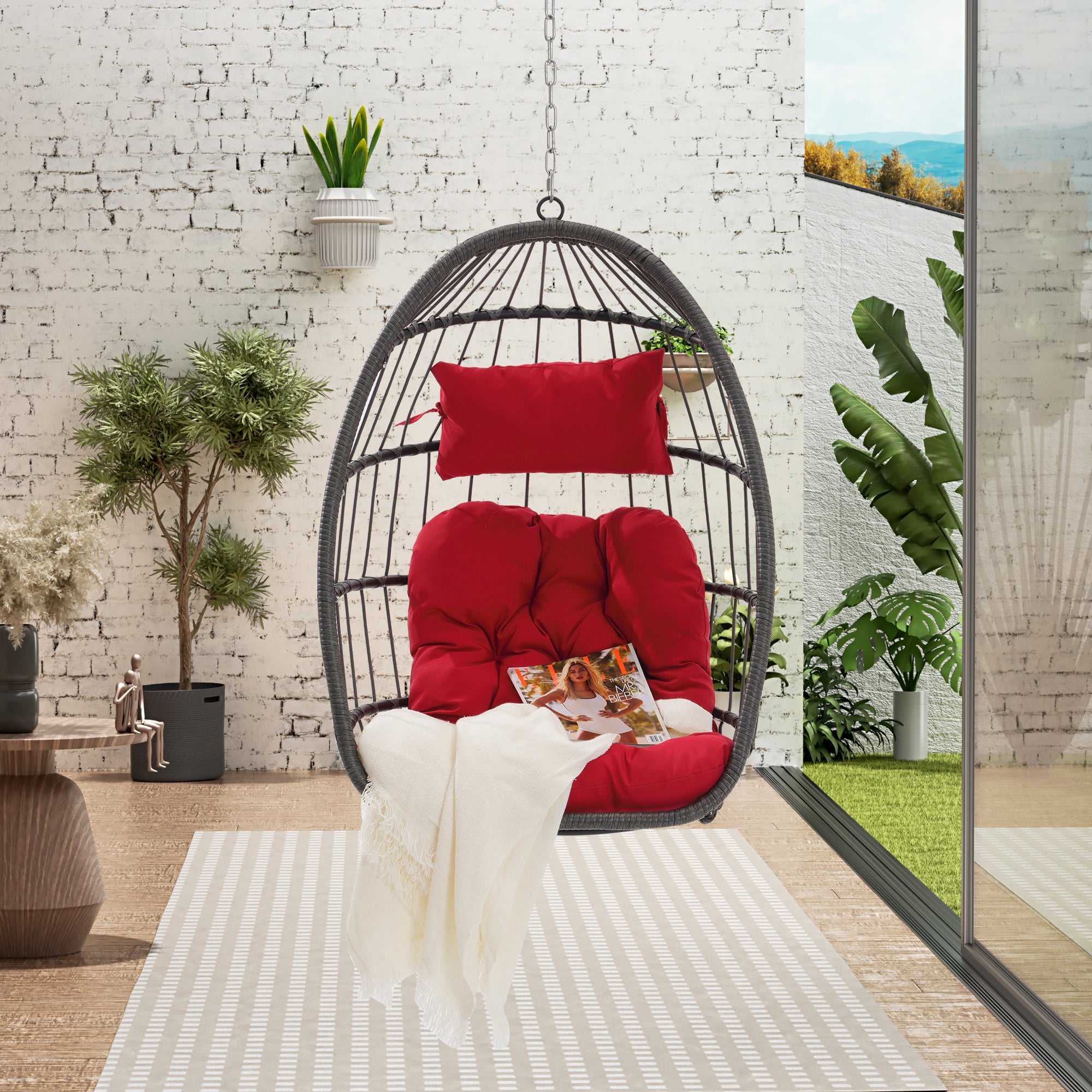 Royard Oaktree Hanging Egg Chair, Indoor/Outdoor Wicker Swing Chairs with Cushion Headrest, Basket Hammock Chairs with Hanging Kit Chain for Bedroom Balcony, Without Stand