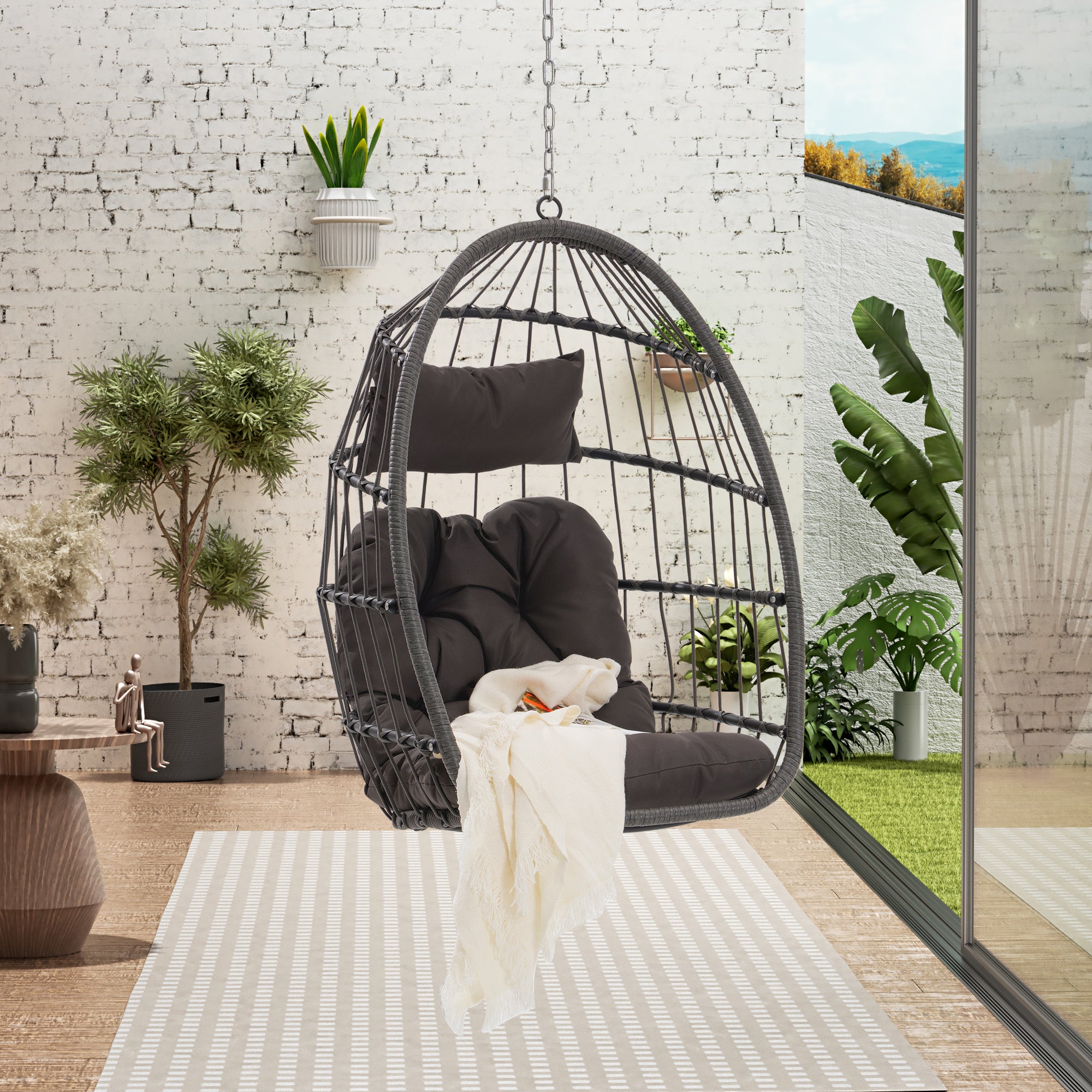 Royard Oaktree Hanging Egg Chair, Indoor/Outdoor Wicker Swing Chairs with Cushion Headrest, Basket Hammock Chairs with Hanging Kit Chain for Bedroom Balcony, Without Stand