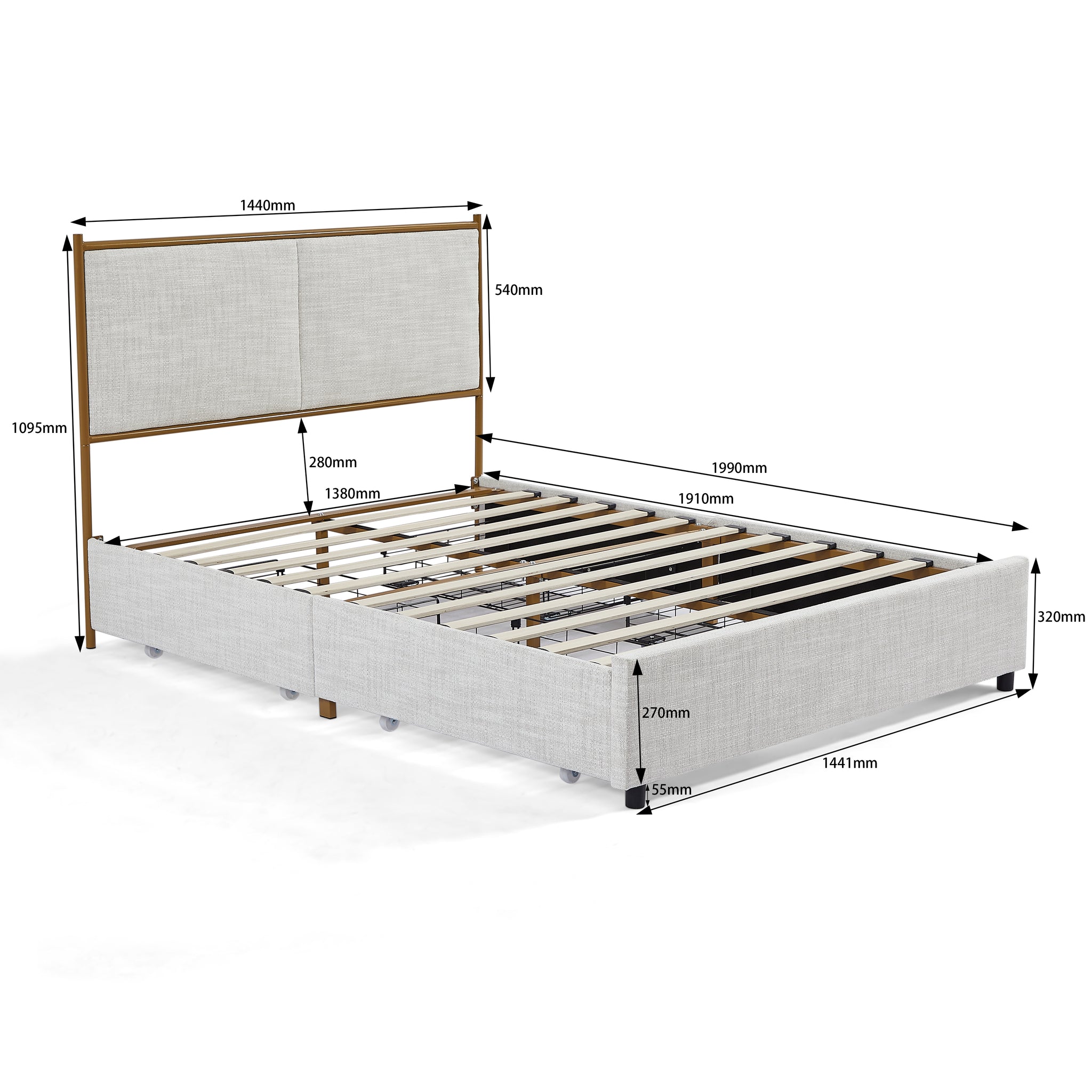 Royard Oaktree Metal Bed Frame with Classic Square Upholstered Headboard and Footboard Modern Platform Beds with Gold Frame and Four Storage Drawers, No Box Spring Needed