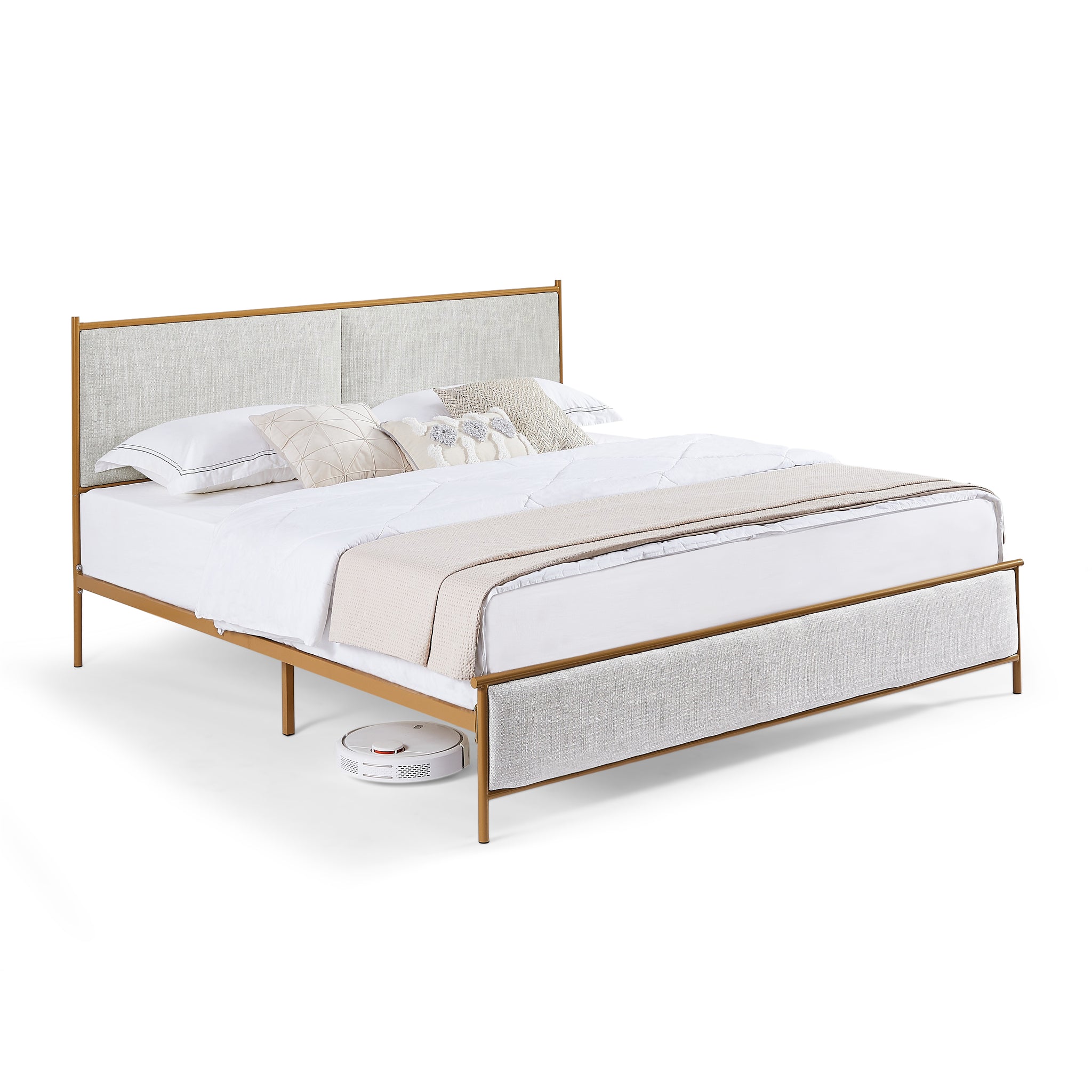 Royard Oaktree Metal Bed Frame with Classic Square Upholstered Headboard and Footboard Modern Platform Beds with Gold Frame and Wood Slats, No Box Spring Needed, Light Gray