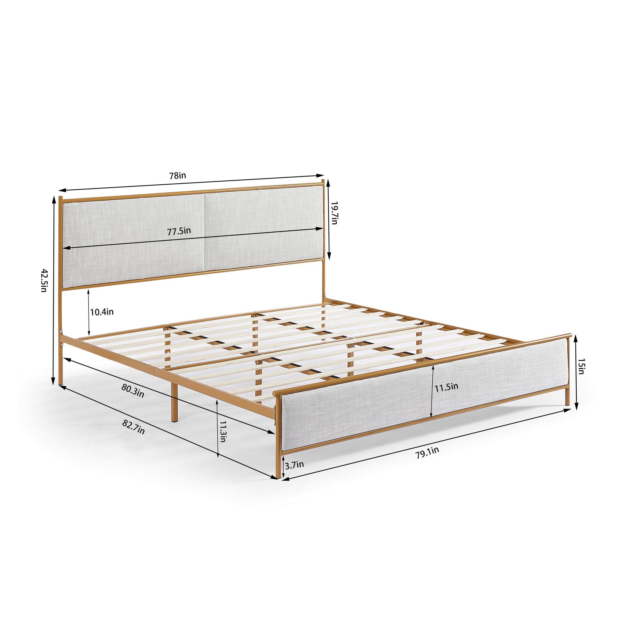 Royard Oaktree Metal Bed Frame with Classic Square Upholstered Headboard and Footboard Modern Platform Beds with Gold Frame and Wood Slats, No Box Spring Needed, Light Gray