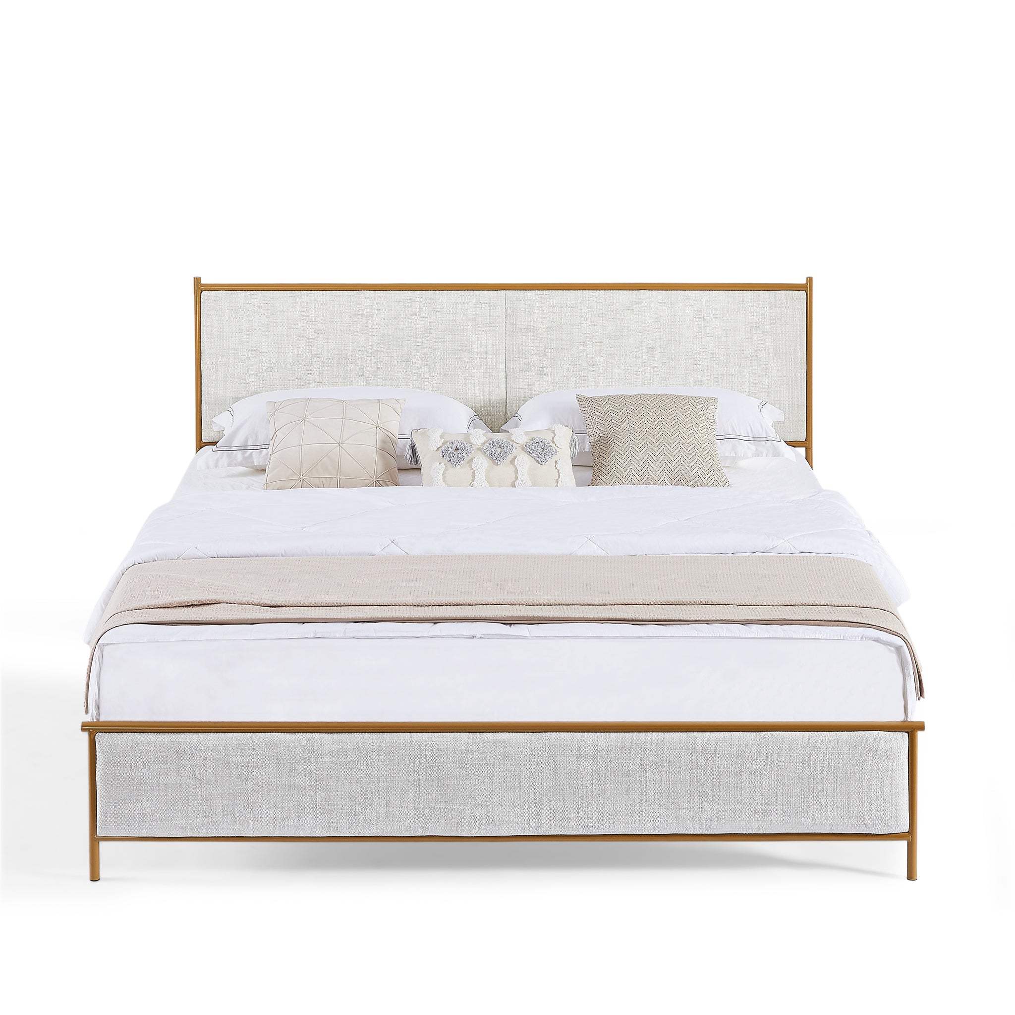 Royard Oaktree Metal Bed Frame with Classic Square Upholstered Headboard and Footboard Modern Platform Beds with Gold Frame and Wood Slats, No Box Spring Needed, Light Gray