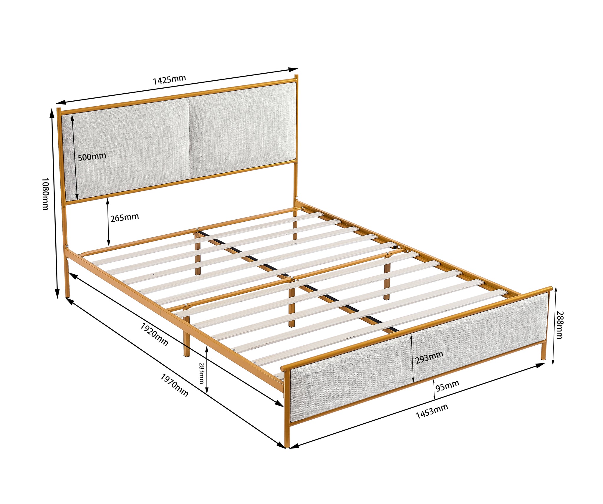 Royard Oaktree Metal Bed Frame with Classic Square Upholstered Headboard and Footboard Modern Platform Beds with Gold Frame and Wood Slats, No Box Spring Needed, Light Gray