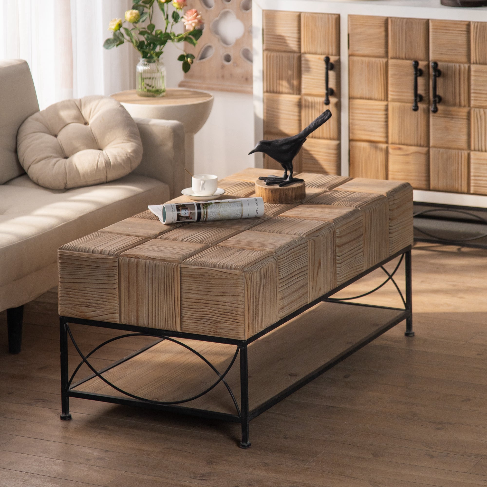 Royard Oaktree Coffee Table Small Grid Splicing Design Wooden Coffee Table with Storage Shelf Retro Rectangle Center Table with Metal Legs Cocktail Table Tea Table for Living Room Dining Room Office