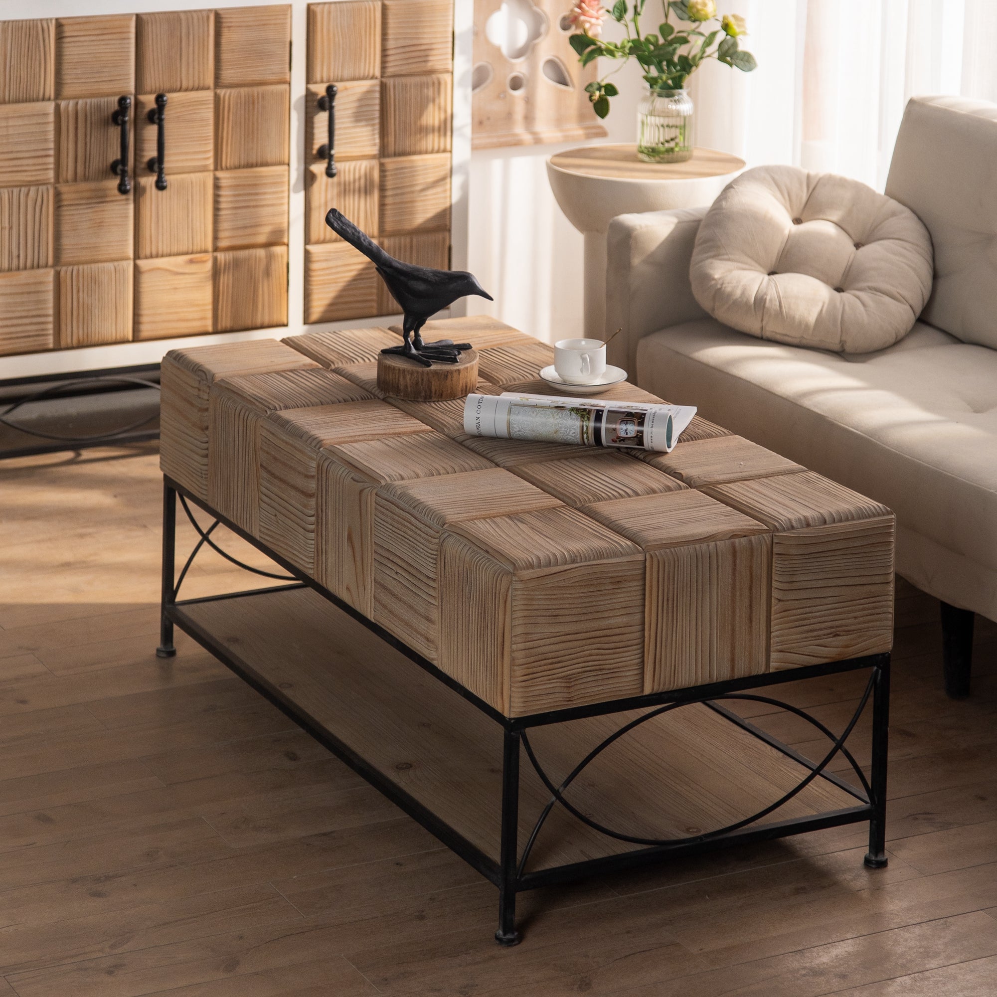 Royard Oaktree Coffee Table Small Grid Splicing Design Wooden Coffee Table with Storage Shelf Retro Rectangle Center Table with Metal Legs Cocktail Table Tea Table for Living Room Dining Room Office