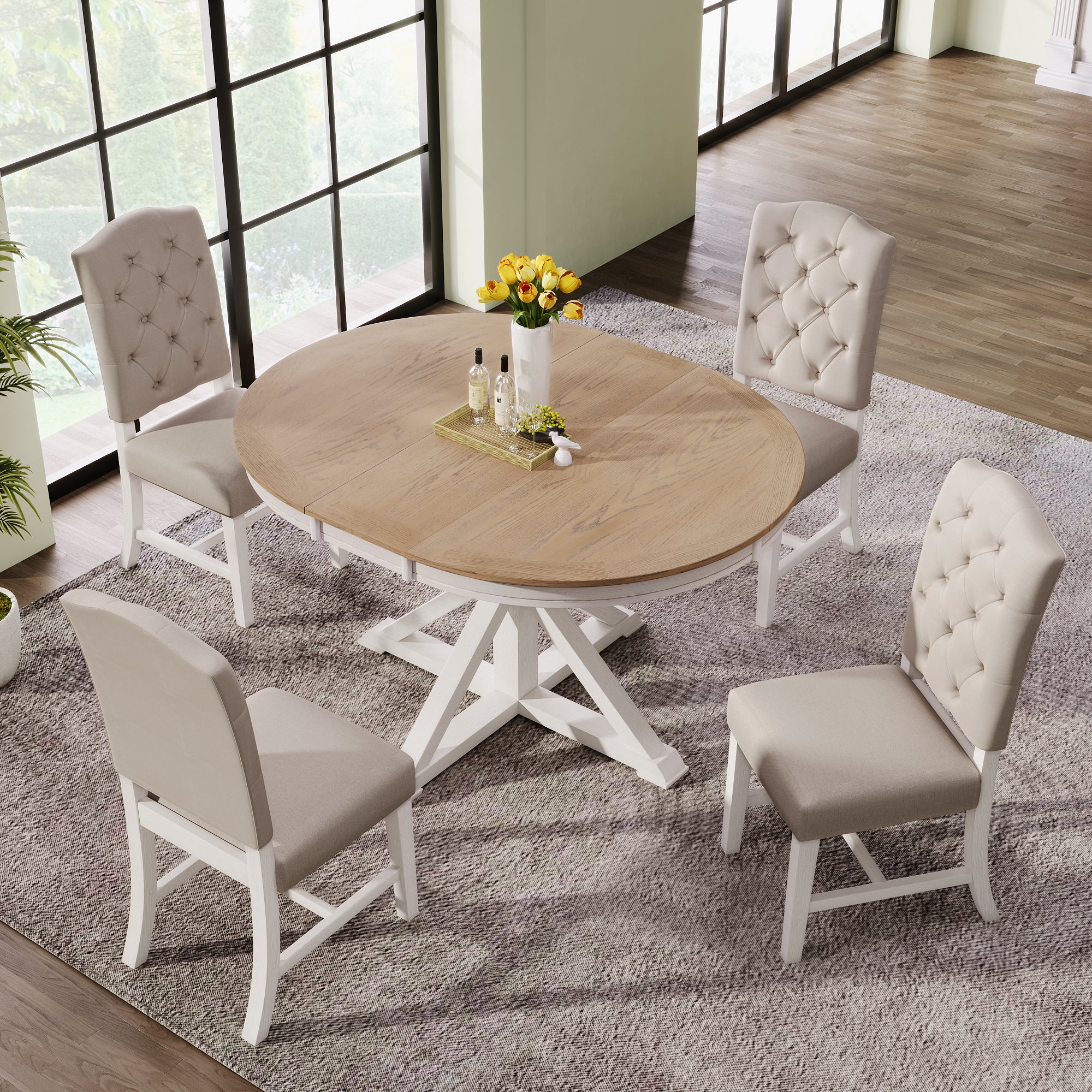 Royard Oaktree 5-Piece Dining Table Set with Extendable Table and 4 Upholstered Chairs Retro Round/Oval Dining Table Button-Tufted Dining Chairs for Dining Room Living Room