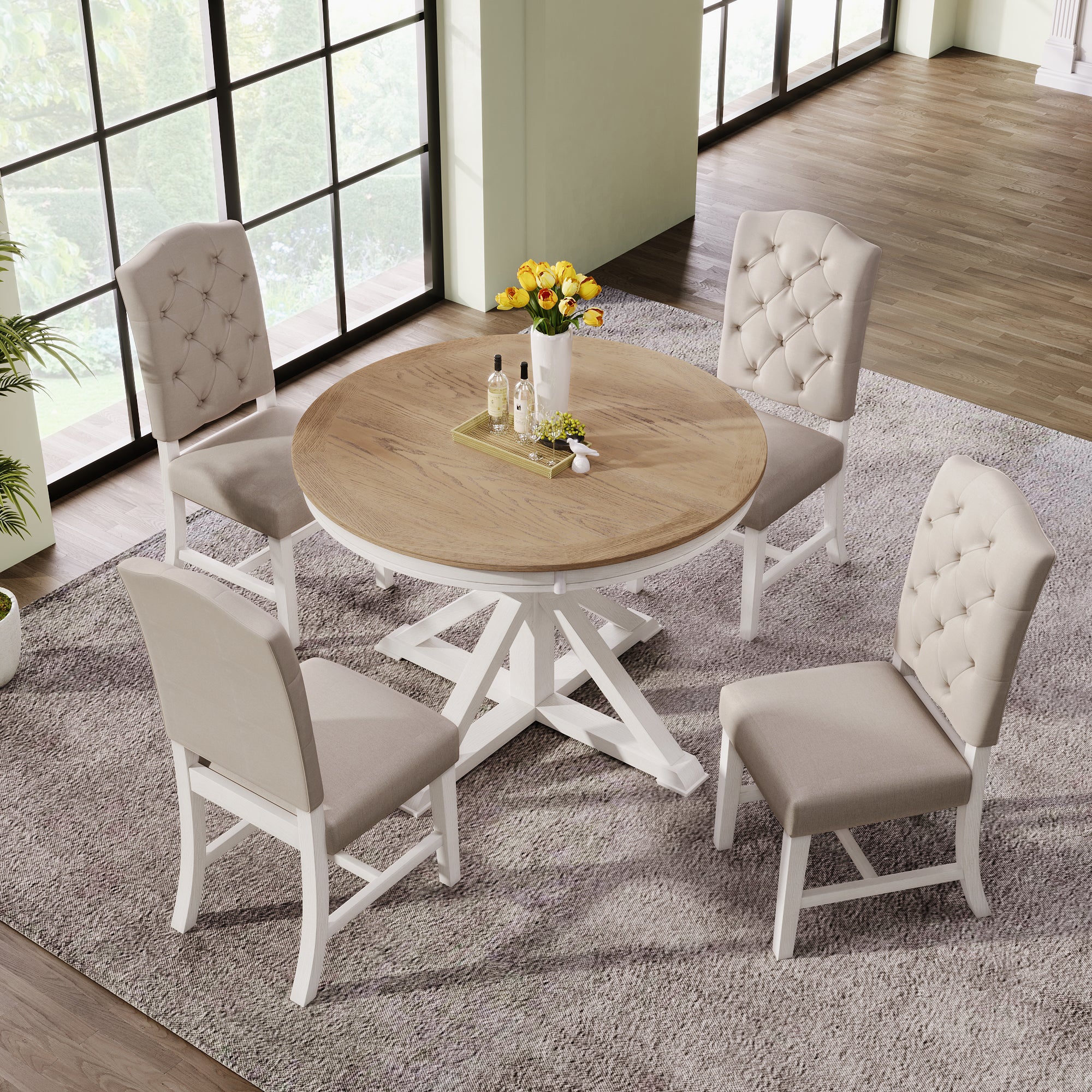 Royard Oaktree 5-Piece Dining Table Set with Extendable Table and 4 Upholstered Chairs Retro Round/Oval Dining Table Button-Tufted Dining Chairs for Dining Room Living Room