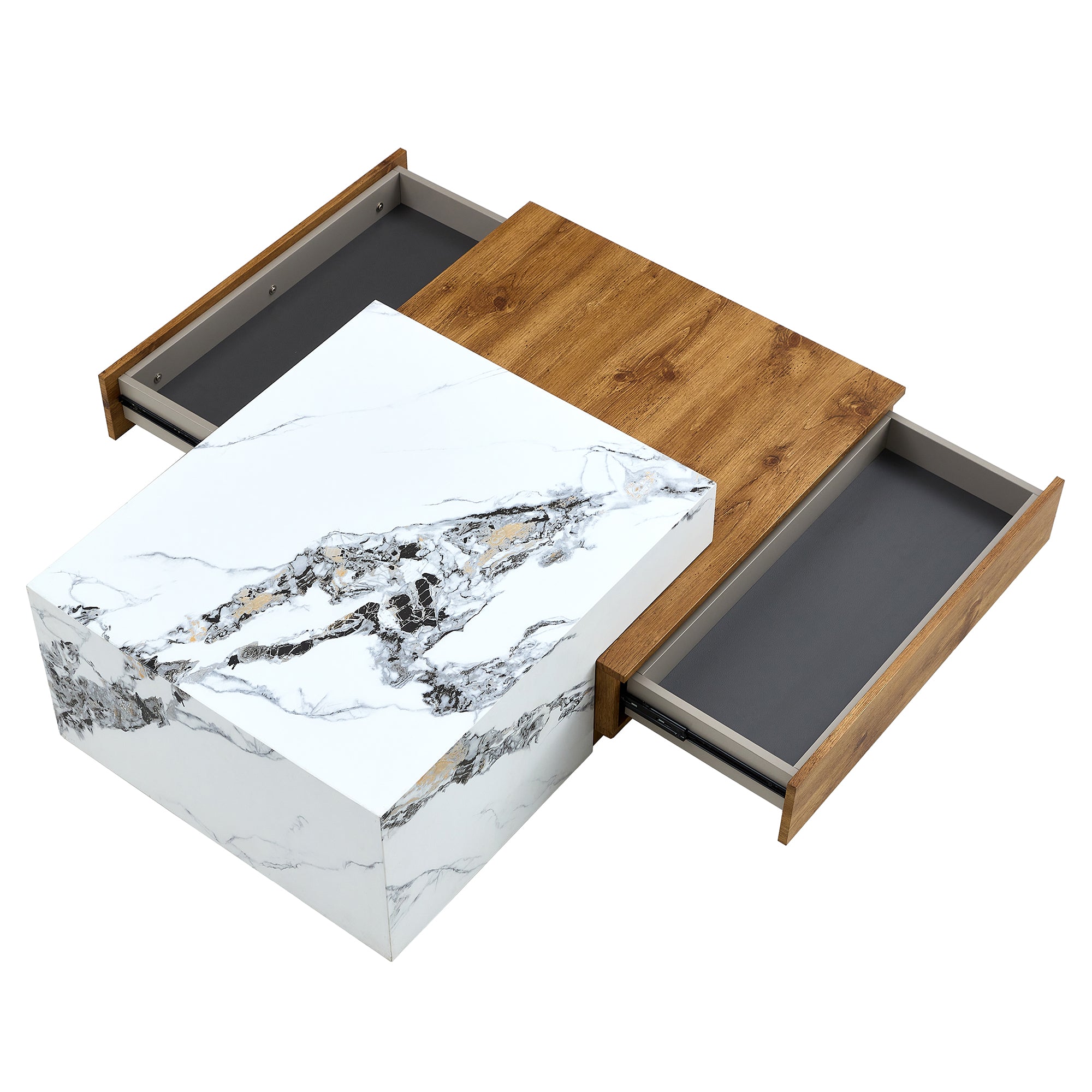 Royard Oaktree Rectangular Coffee Table with 2 Drawers, Split Design Extendable Center Tables, 2 Tone Design Accent Table with Faux Marble and Wood Grain Sticker, Wood Cocktail Table for Living Room