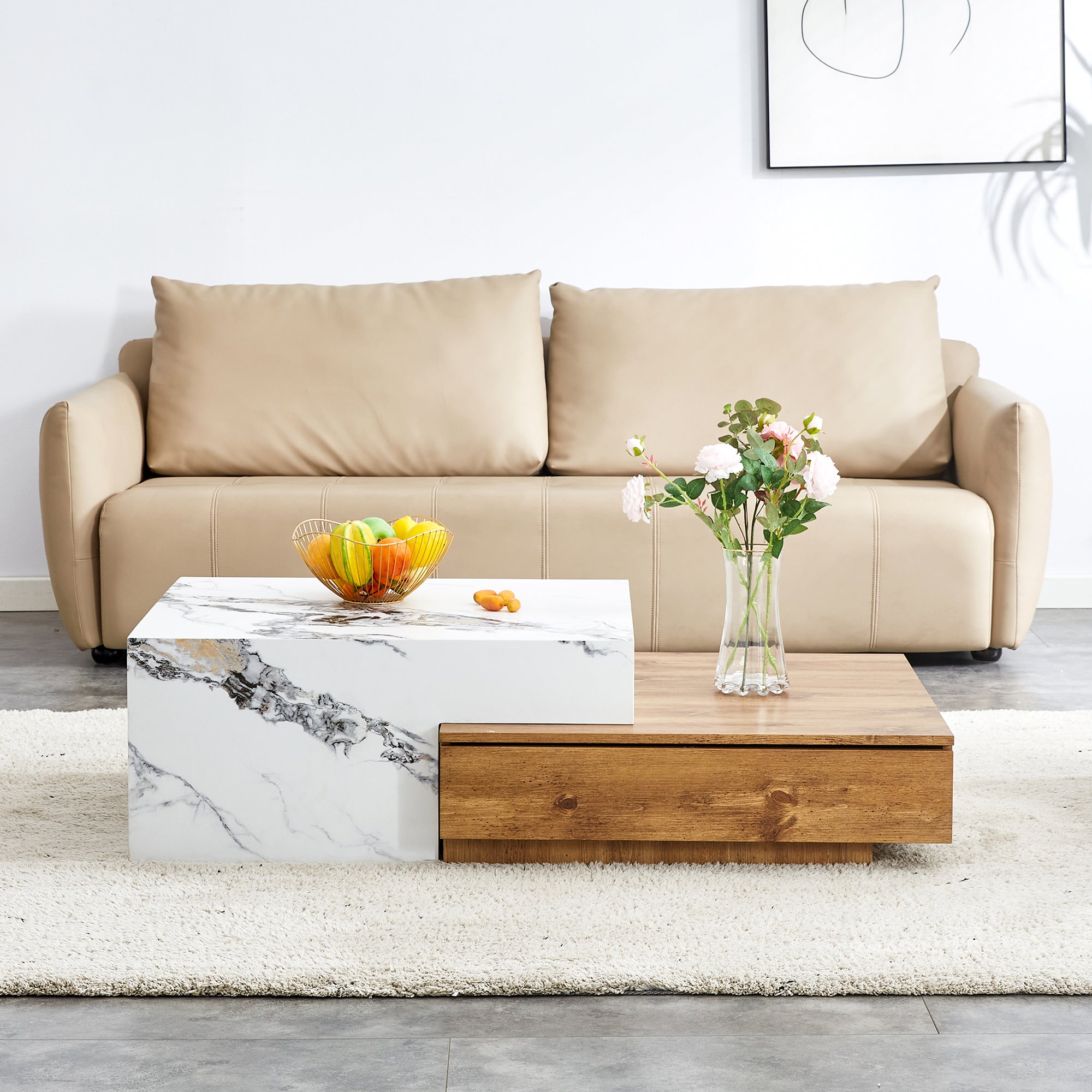 Royard Oaktree Rectangular Coffee Table with 2 Drawers, Split Design Extendable Center Tables, 2 Tone Design Accent Table with Faux Marble and Wood Grain Sticker, Wood Cocktail Table for Living Room