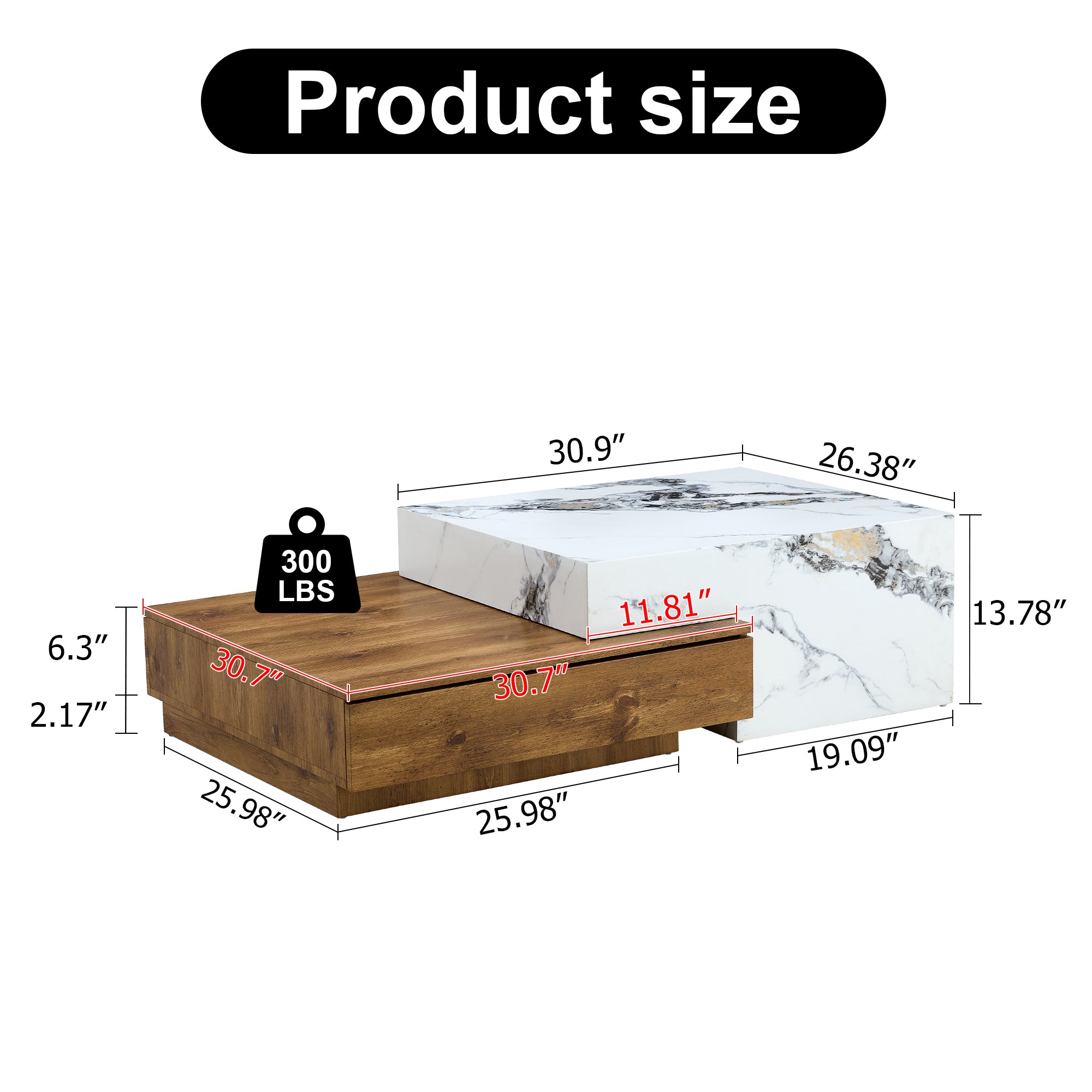 Royard Oaktree Rectangular Coffee Table with 2 Drawers, Split Design Extendable Center Tables, 2 Tone Design Accent Table with Faux Marble and Wood Grain Sticker, Wood Cocktail Table for Living Room