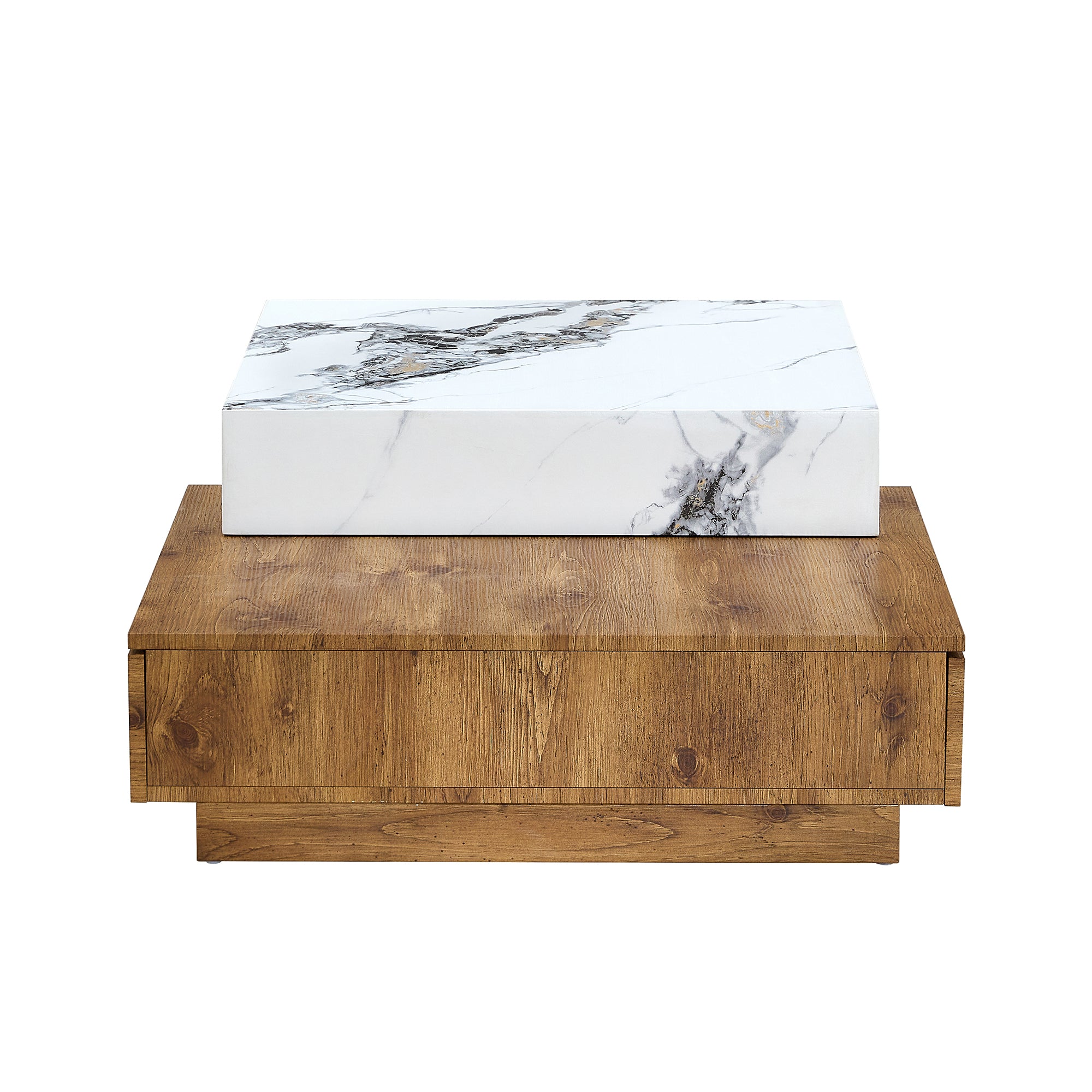 Royard Oaktree Rectangular Coffee Table with 2 Drawers, Split Design Extendable Center Tables, 2 Tone Design Accent Table with Faux Marble and Wood Grain Sticker, Wood Cocktail Table for Living Room