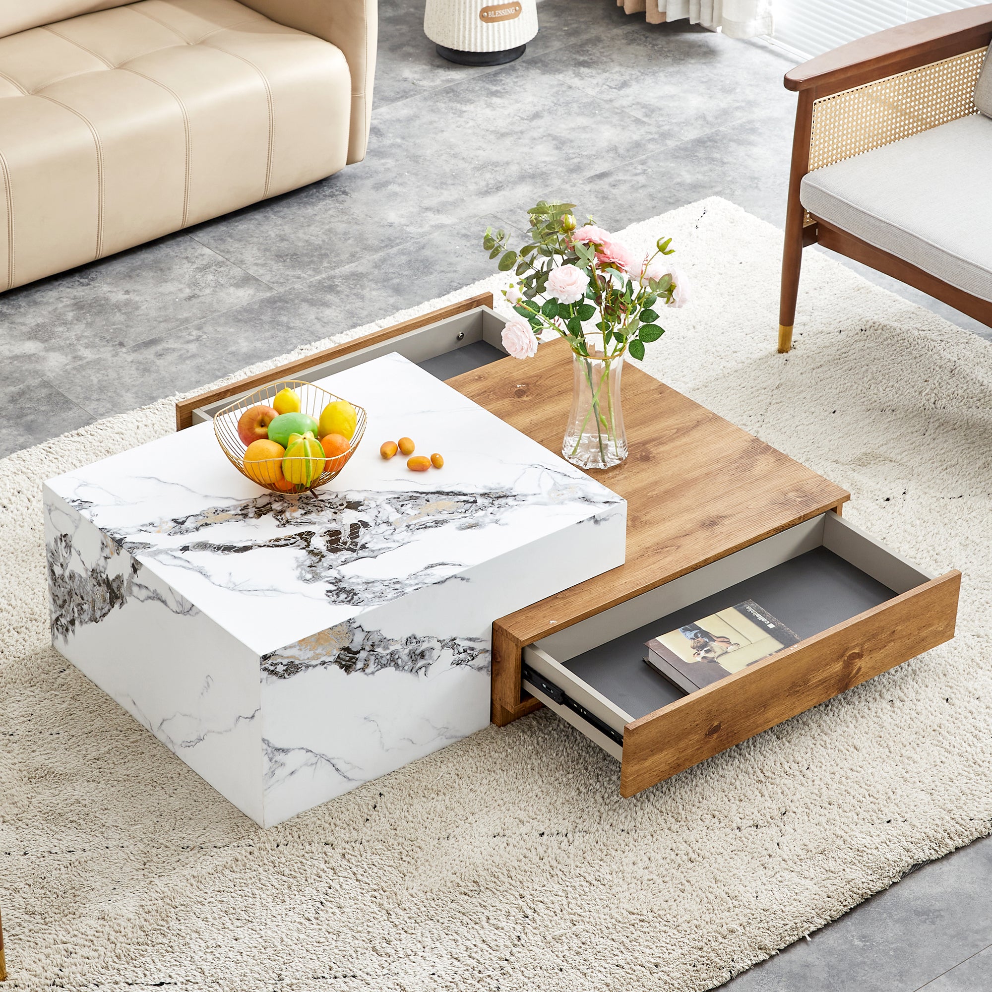 Royard Oaktree Rectangular Coffee Table with 2 Drawers, Split Design Extendable Center Tables, 2 Tone Design Accent Table with Faux Marble and Wood Grain Sticker, Wood Cocktail Table for Living Room