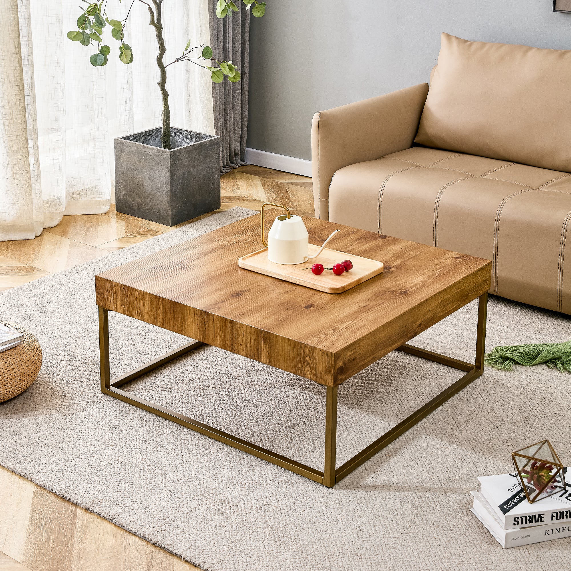 Royard Oaktree Square Coffee Table, Industrial Style Center Table with Natural Wood Grain Top and Metal Legs, Minimalist Square Accent Table Cocktail Table for Living Room Home Office, Brown