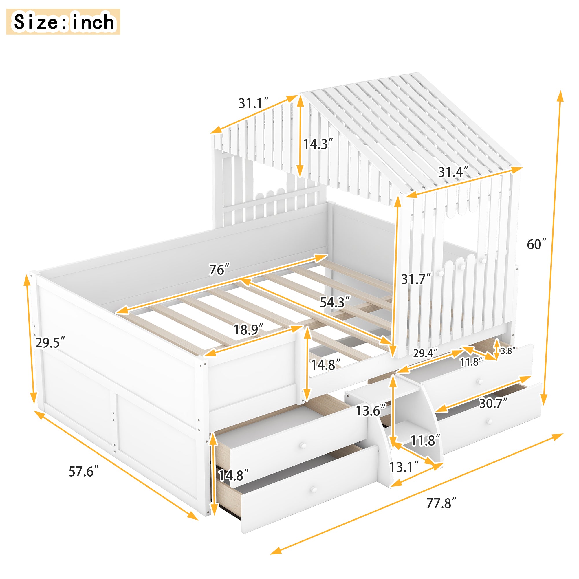 Royard Oaktree Full Size Low Loft Bed with Four Drawers, House-shaped Loft Bed Frame with Roof and Window, Wood Low Loft Bed with Guardrails and Ladder for Boys and Girls