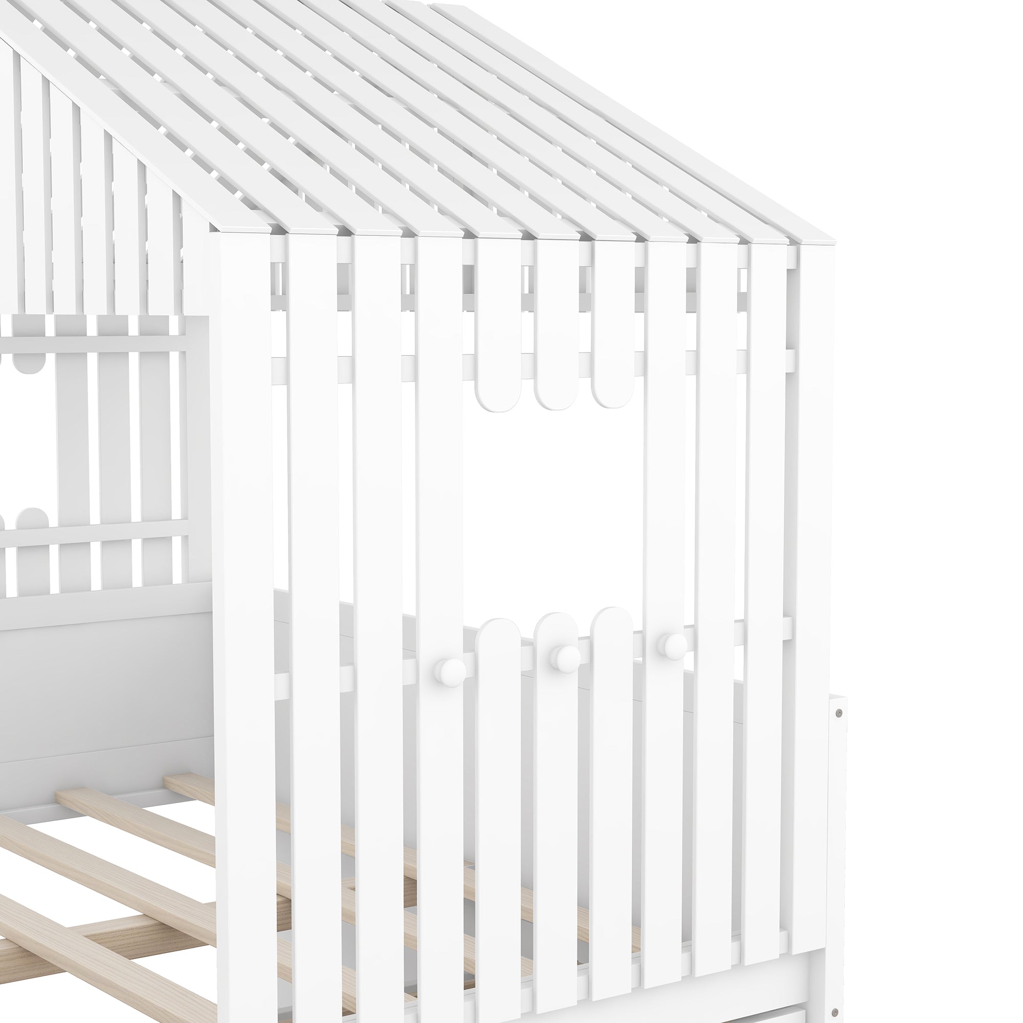 Royard Oaktree Full Size Low Loft Bed with Four Drawers, House-shaped Loft Bed Frame with Roof and Window, Wood Low Loft Bed with Guardrails and Ladder for Boys and Girls