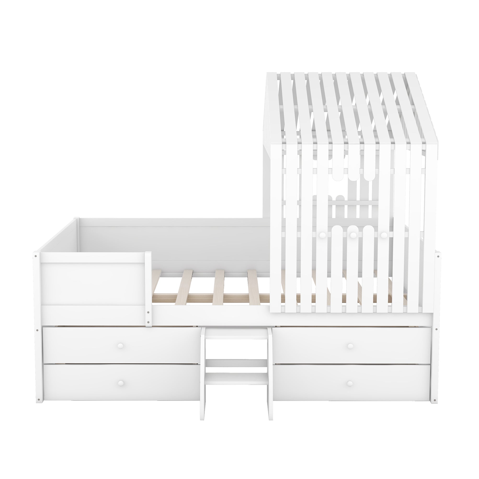 Royard Oaktree Full Size Low Loft Bed with Four Drawers, House-shaped Loft Bed Frame with Roof and Window, Wood Low Loft Bed with Guardrails and Ladder for Boys and Girls