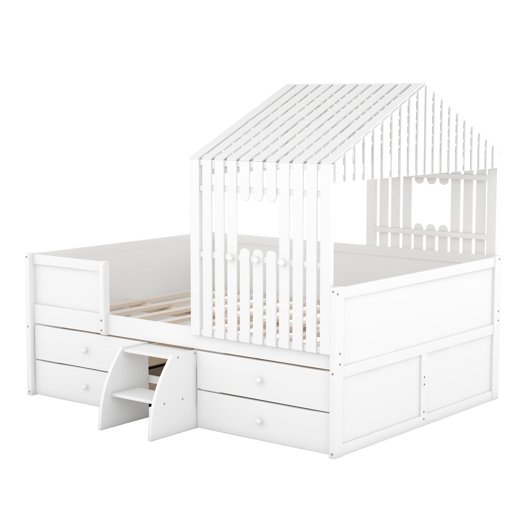 Royard Oaktree Full Size Low Loft Bed with Four Drawers, House-shaped Loft Bed Frame with Roof and Window, Wood Low Loft Bed with Guardrails and Ladder for Boys and Girls