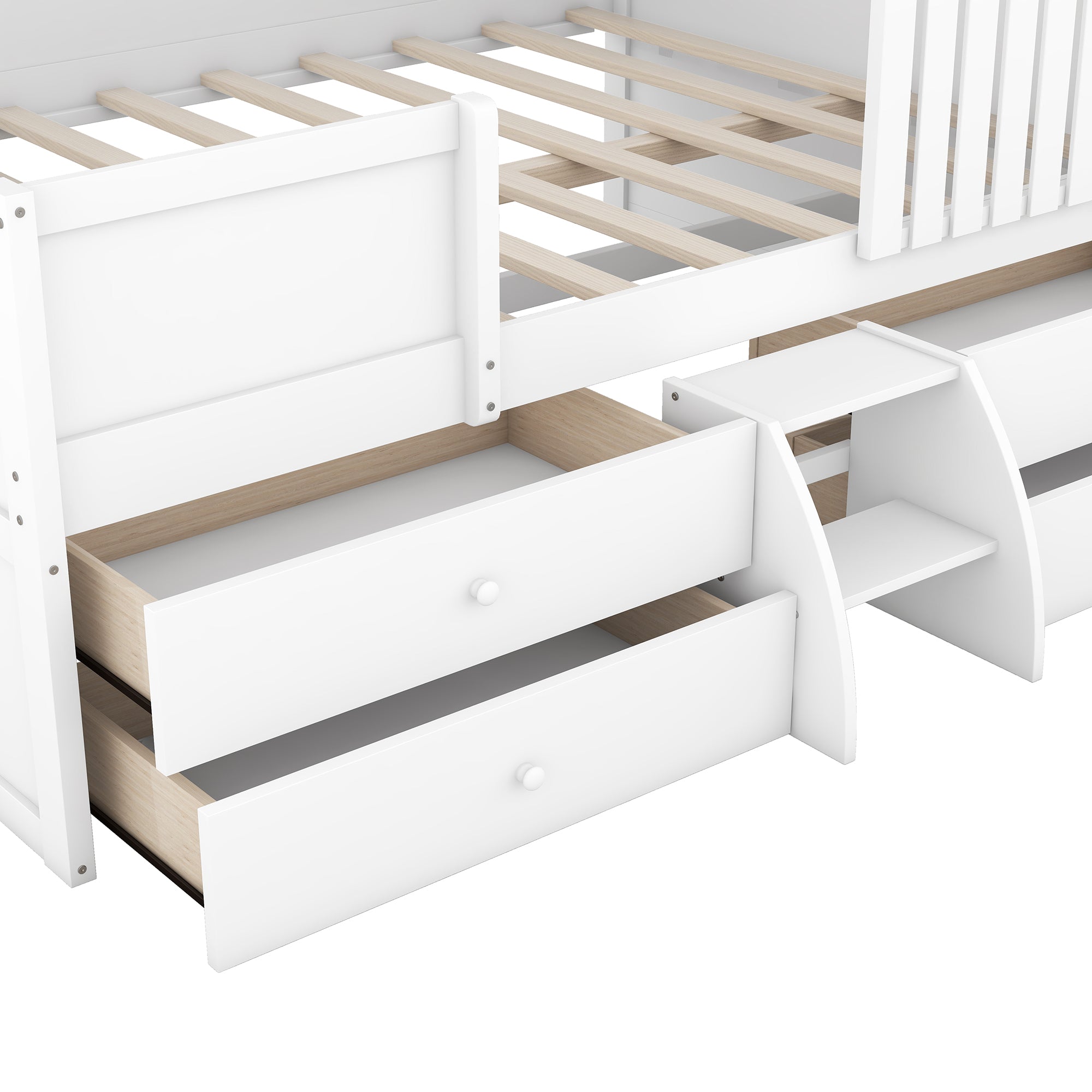 Royard Oaktree Full Size Low Loft Bed with Four Drawers, House-shaped Loft Bed Frame with Roof and Window, Wood Low Loft Bed with Guardrails and Ladder for Boys and Girls