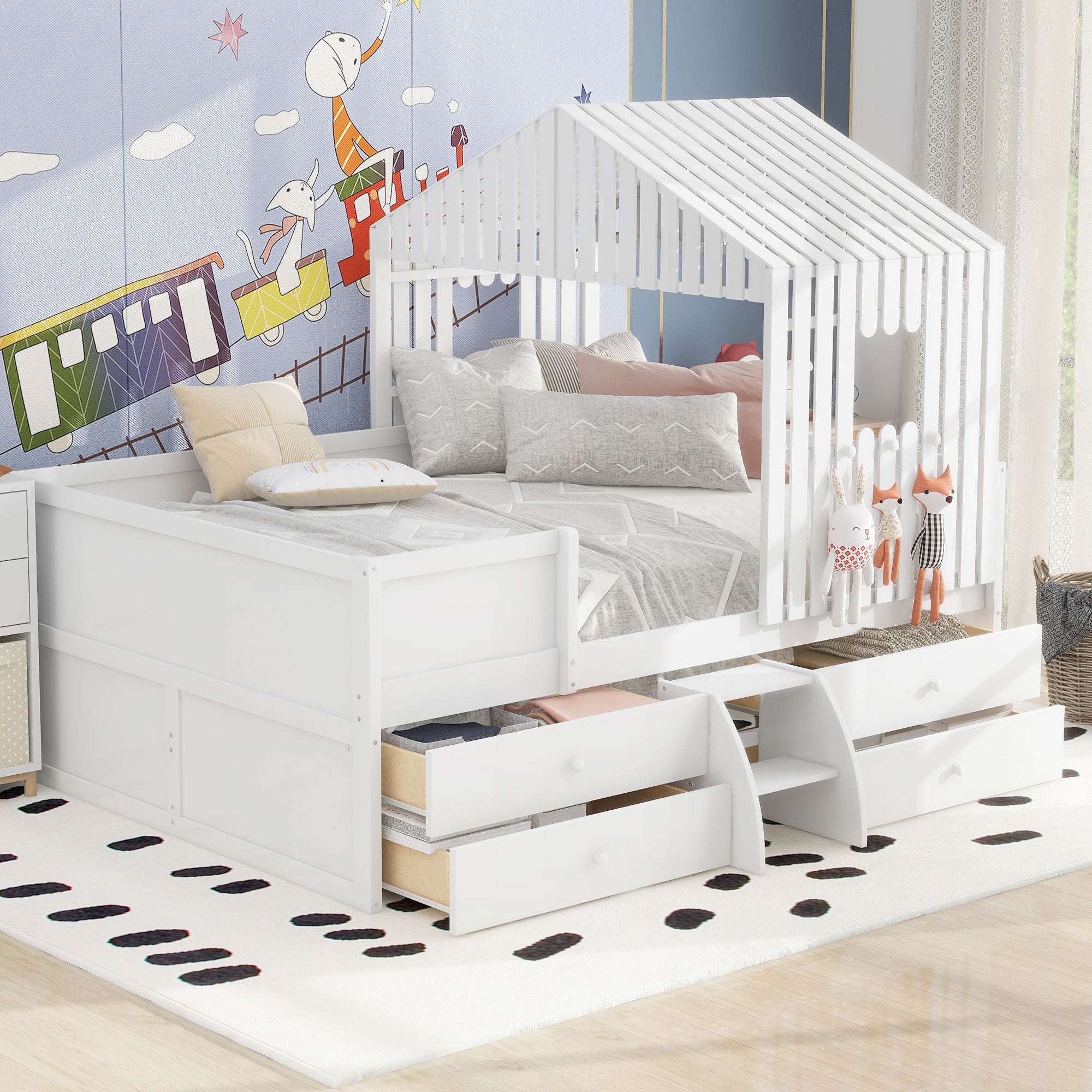 Royard Oaktree Full Size Low Loft Bed with Four Drawers, House-shaped Loft Bed Frame with Roof and Window, Wood Low Loft Bed with Guardrails and Ladder for Boys and Girls