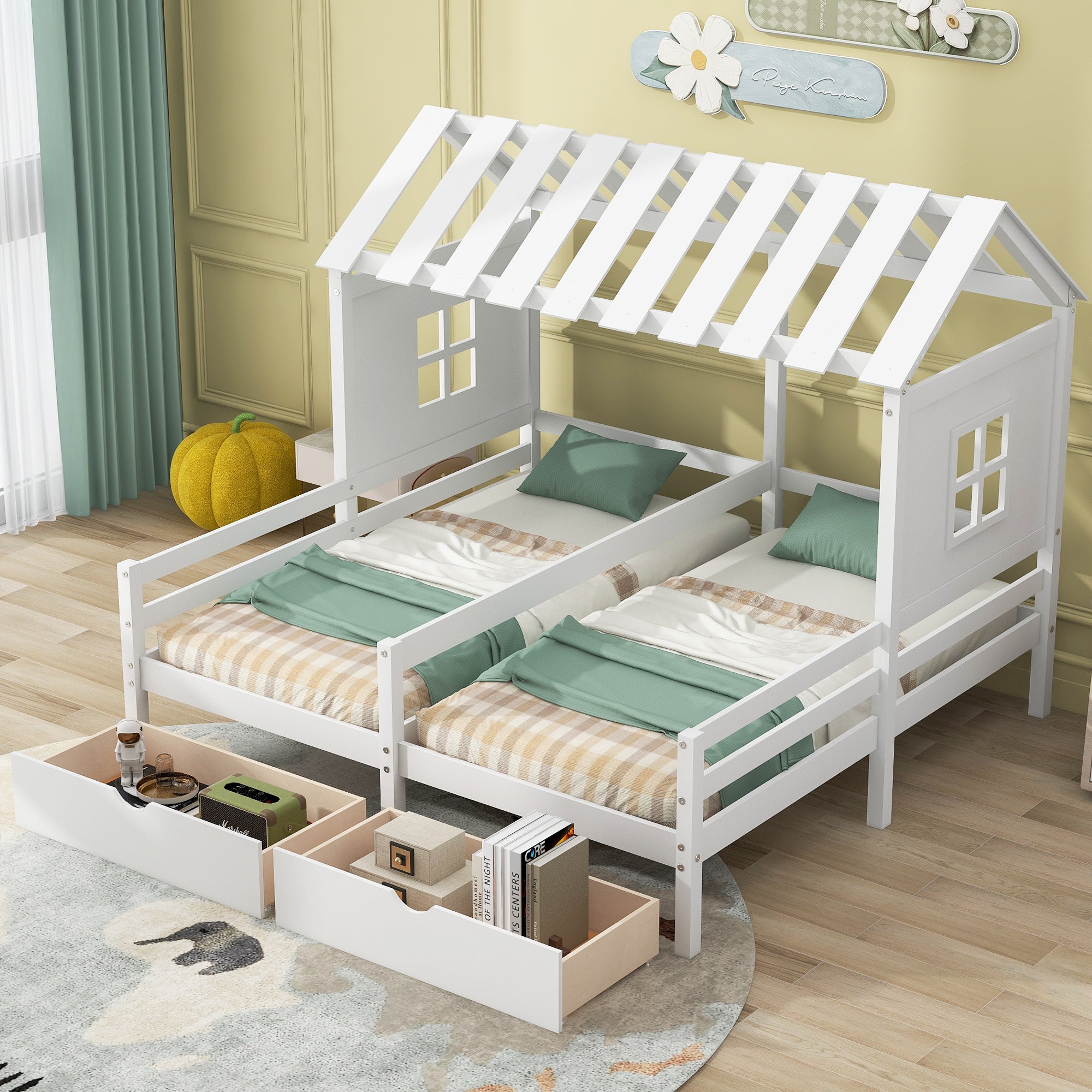 Royard Oaktree Double Shared Bed with Two Drawers, Twin Size House Platform Beds with Roof and Window for Two Kids, Wood House Shared Beds Frame with Guardrails for Boys Girls Teens