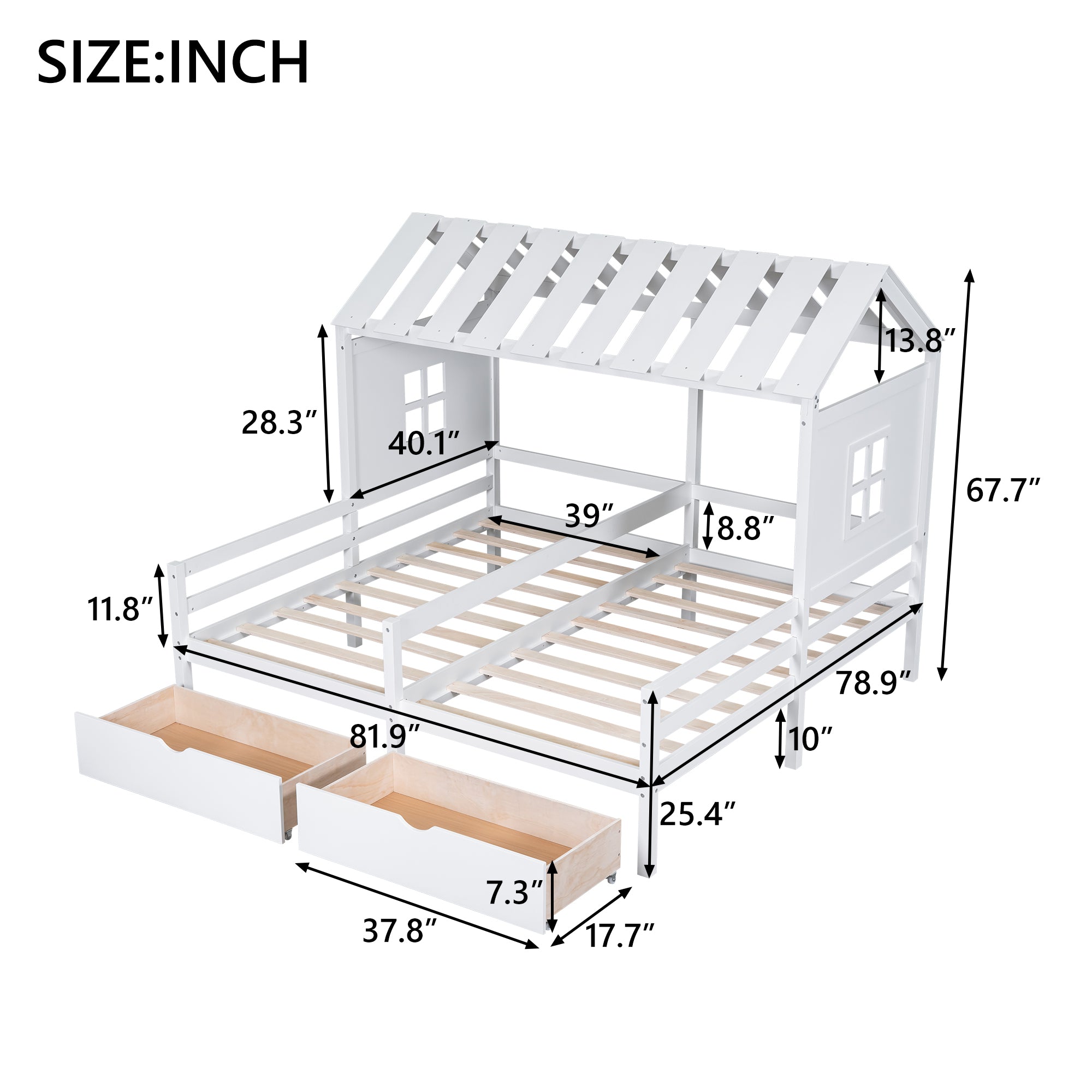 Royard Oaktree Double Shared Bed with Two Drawers, Twin Size House Platform Beds with Roof and Window for Two Kids, Wood House Shared Beds Frame with Guardrails for Boys Girls Teens