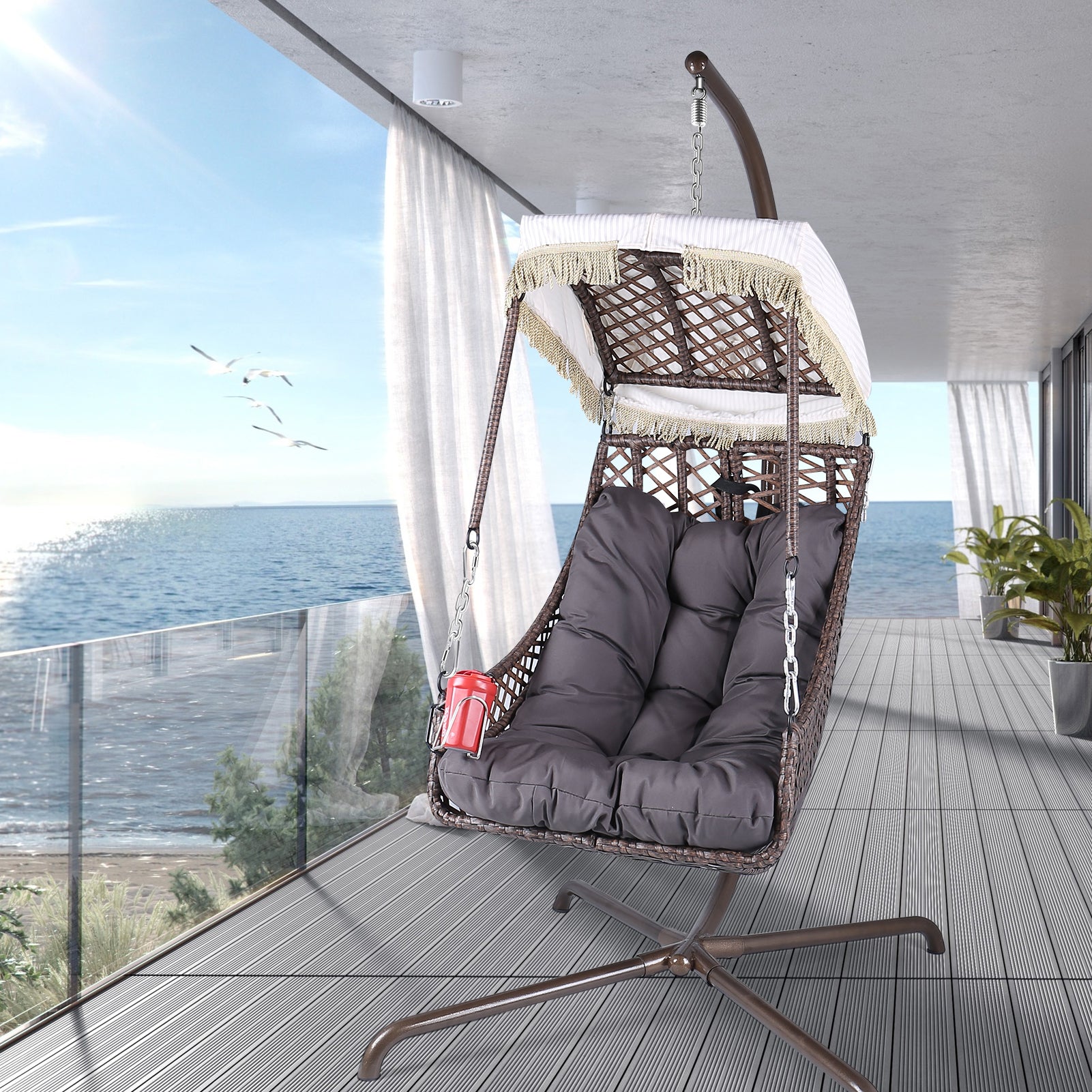 Royard Oaktree Swing Egg Chair with Stand, Indoor/Outdoor Wicker Rattan Hanging Basket Chair with Cup Holder, Patio Hammock Swing Chair with Cushion and Sunshade