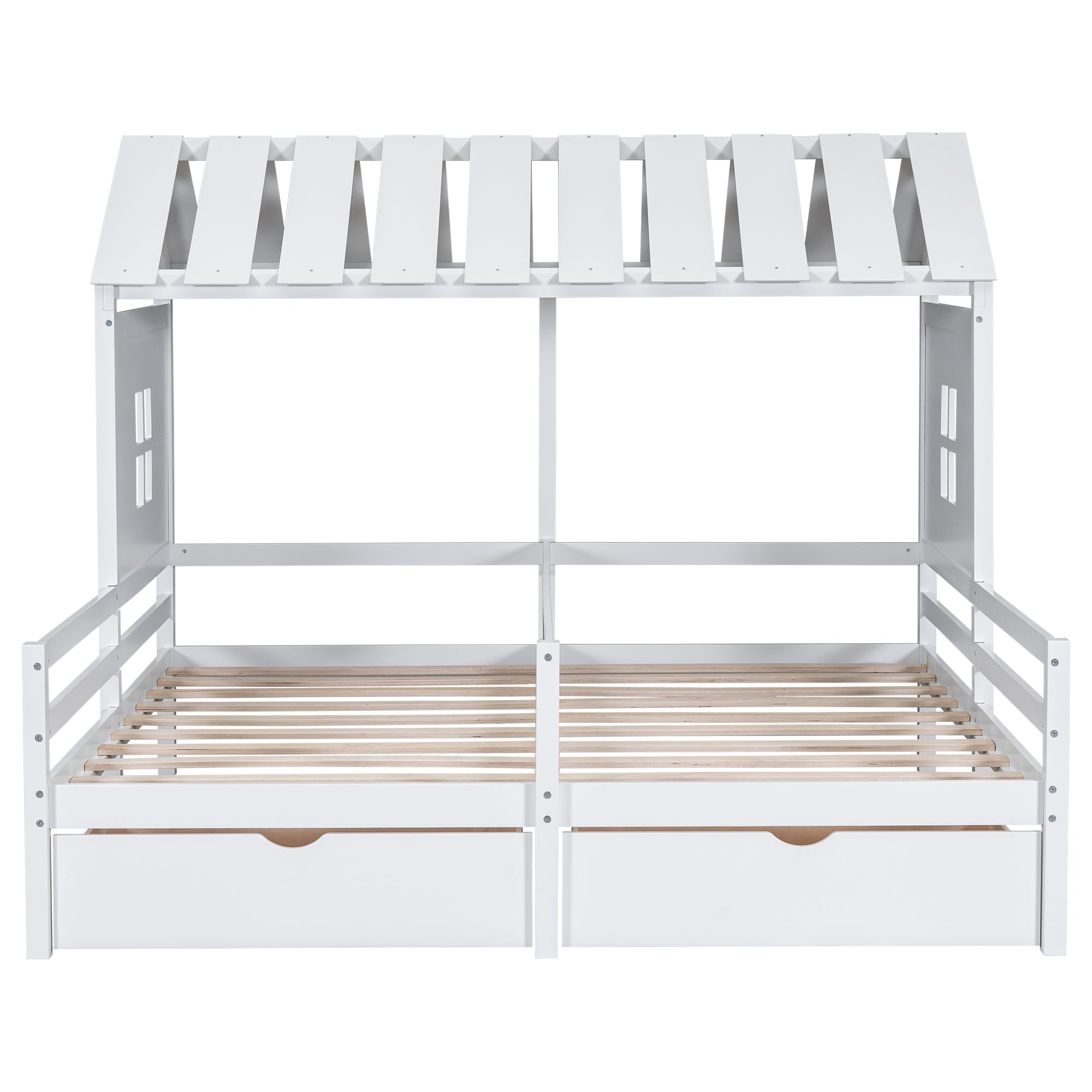 Royard Oaktree Double Shared Bed with Two Drawers, Twin Size House Platform Beds with Roof and Window for Two Kids, Wood House Shared Beds Frame with Guardrails for Boys Girls Teens