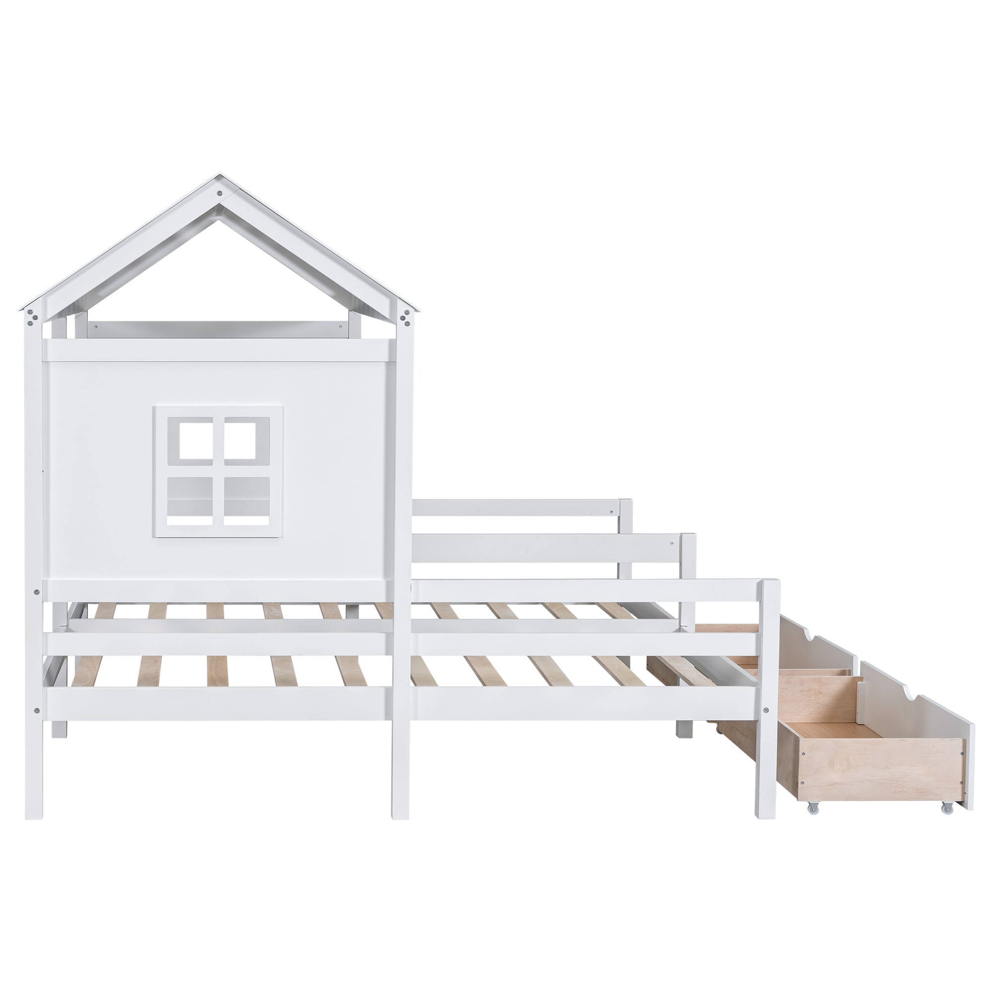 Royard Oaktree Double Shared Bed with Two Drawers, Twin Size House Platform Beds with Roof and Window for Two Kids, Wood House Shared Beds Frame with Guardrails for Boys Girls Teens