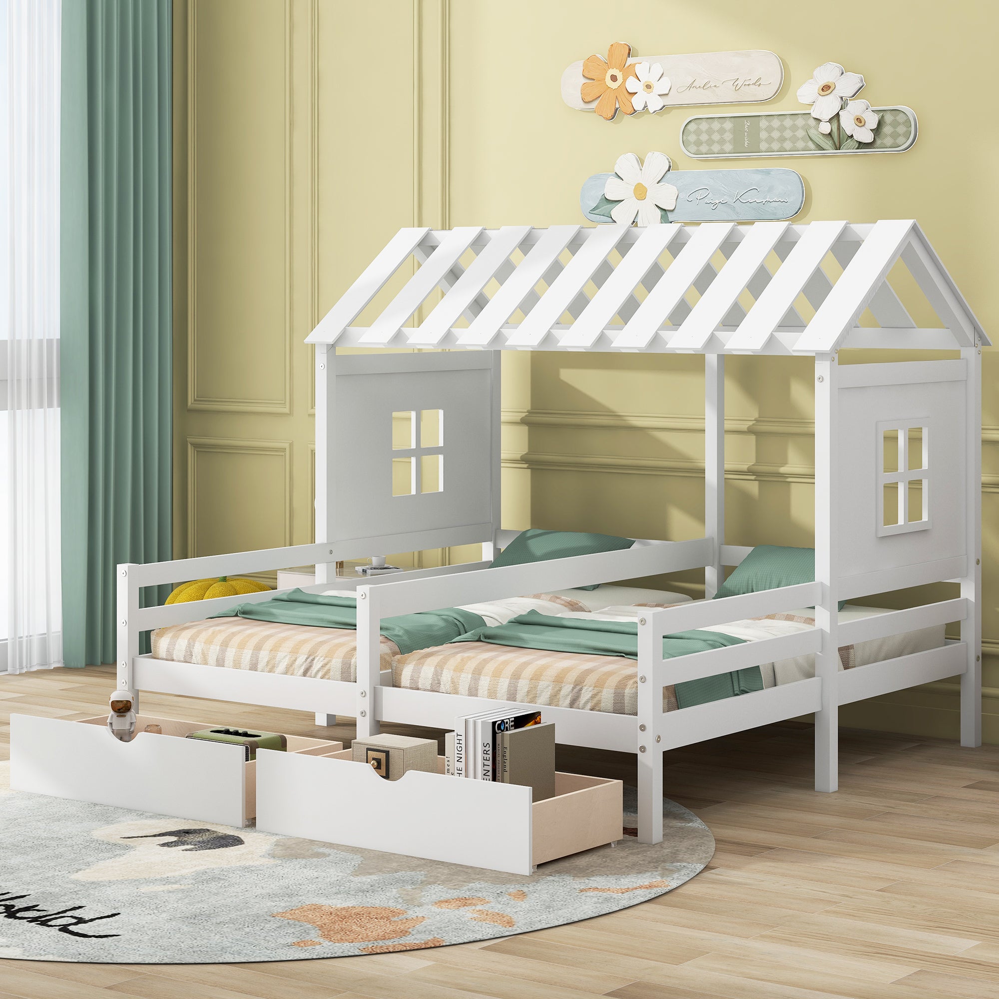 Royard Oaktree Double Shared Bed with Two Drawers, Twin Size House Platform Beds with Roof and Window for Two Kids, Wood House Shared Beds Frame with Guardrails for Boys Girls Teens