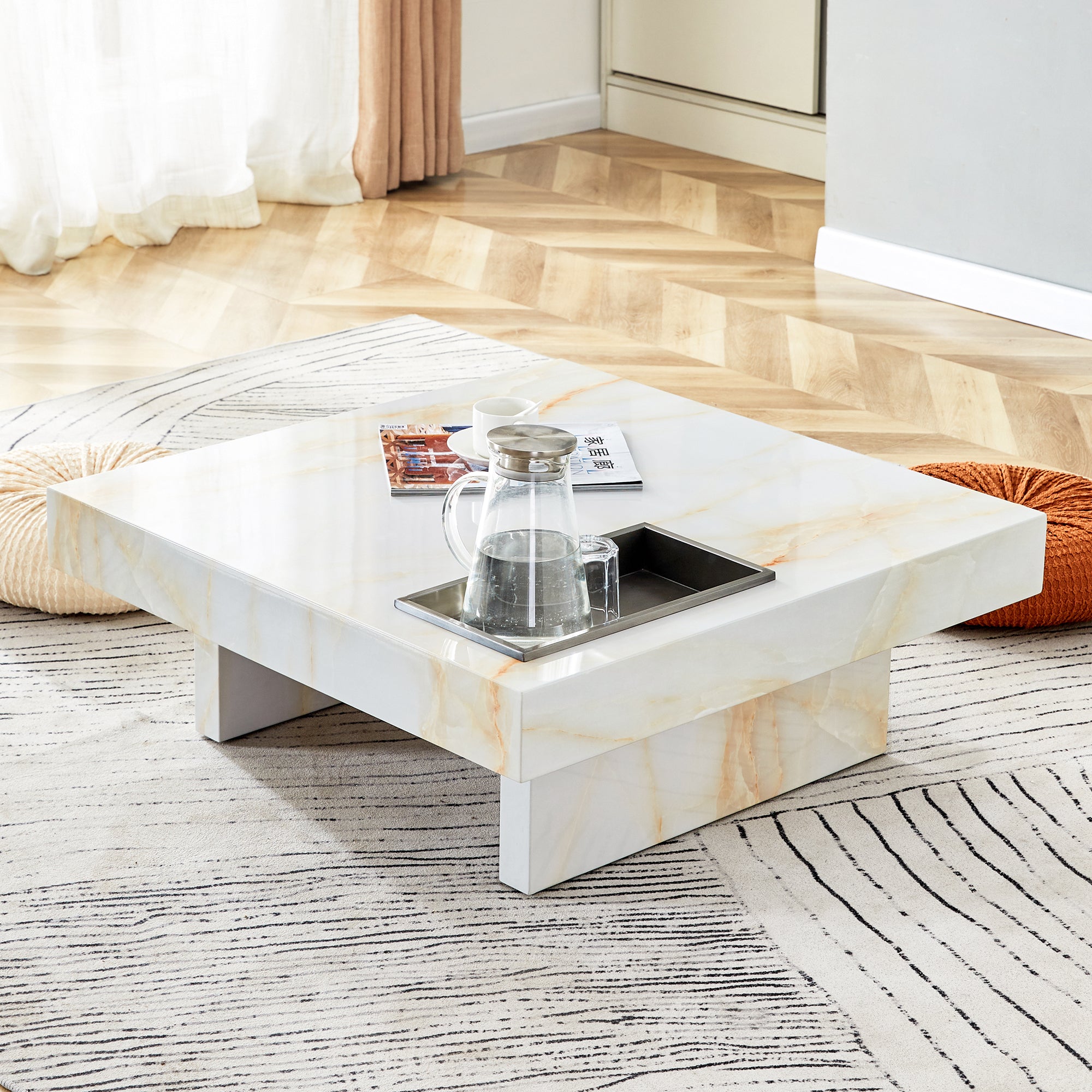 Royard Oaktree Faux Marble Coffee Table, Square Center Table with Metal Storage Tray, Wood Accent Table with Marble Pattern Sticker, Modern Cocktail Table for Living Room Reception Room