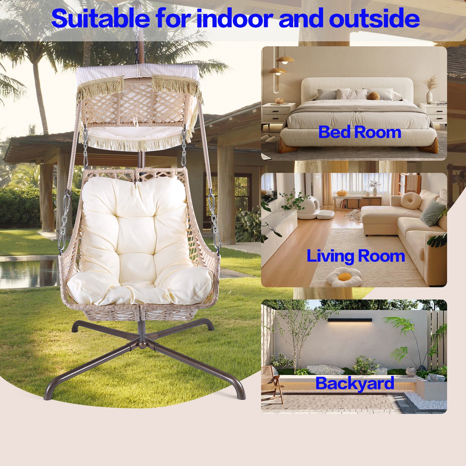 Royard Oaktree Swing Egg Chair with Stand, Indoor/Outdoor Wicker Rattan Hanging Basket Chair with Cup Holder, Patio Hammock Swing Chair with Cushion and Sunshade