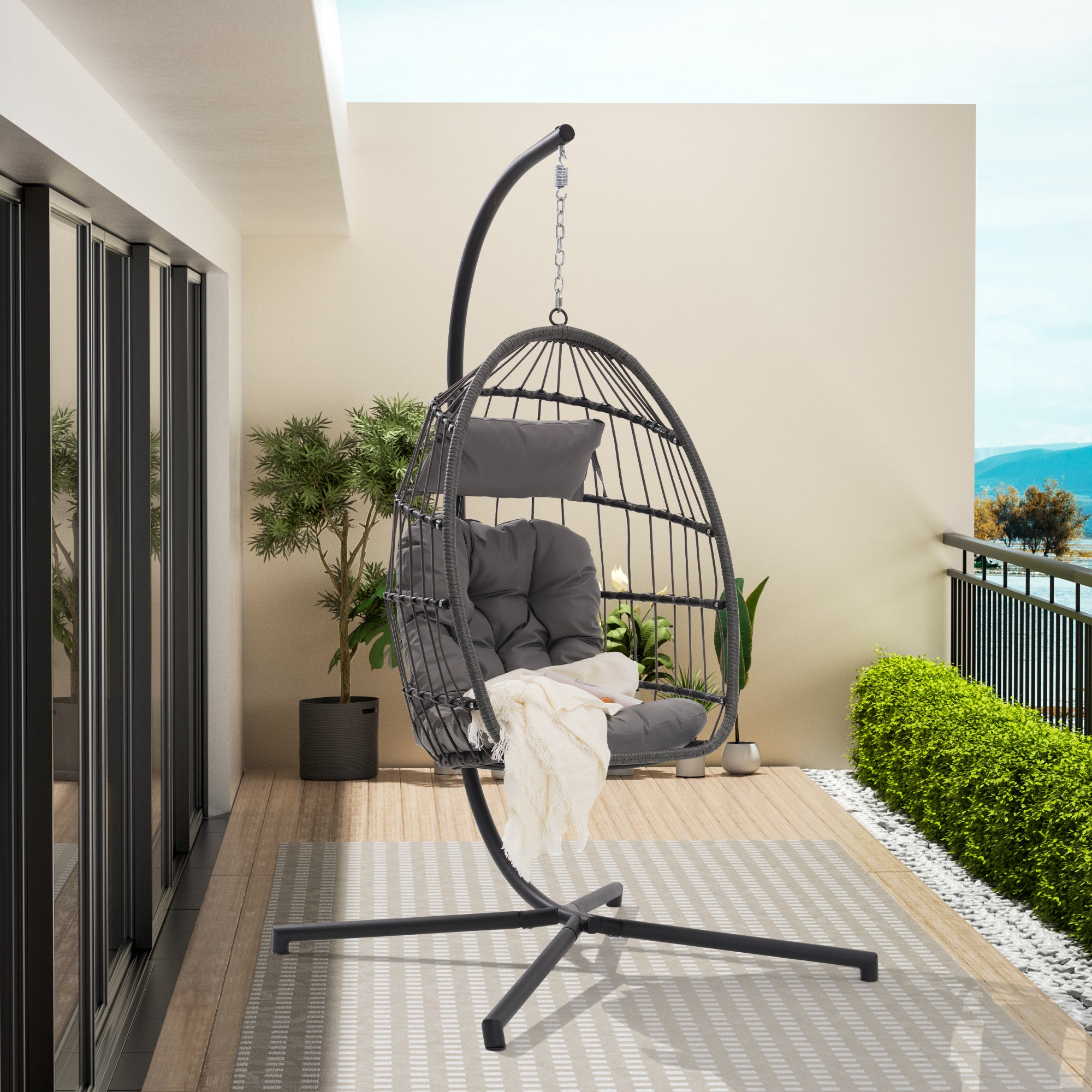 Royard Oaktree Hanging Egg Chair with Stand, Indoor Outdoor Wicker Swing Chair with Cushion Headrest, Patio Basket Hanging Egg Hammock Chair for Patio Bedroom Porch Garden