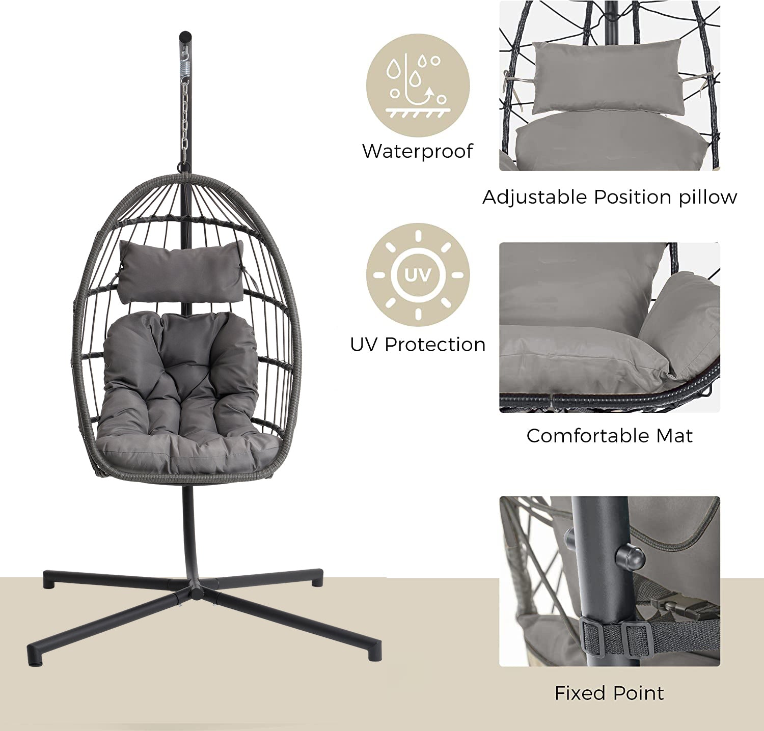 Royard Oaktree Hanging Egg Chair with Stand, Indoor Outdoor Wicker Swing Chair with Cushion Headrest, Patio Basket Hanging Egg Hammock Chair for Patio Bedroom Porch Garden