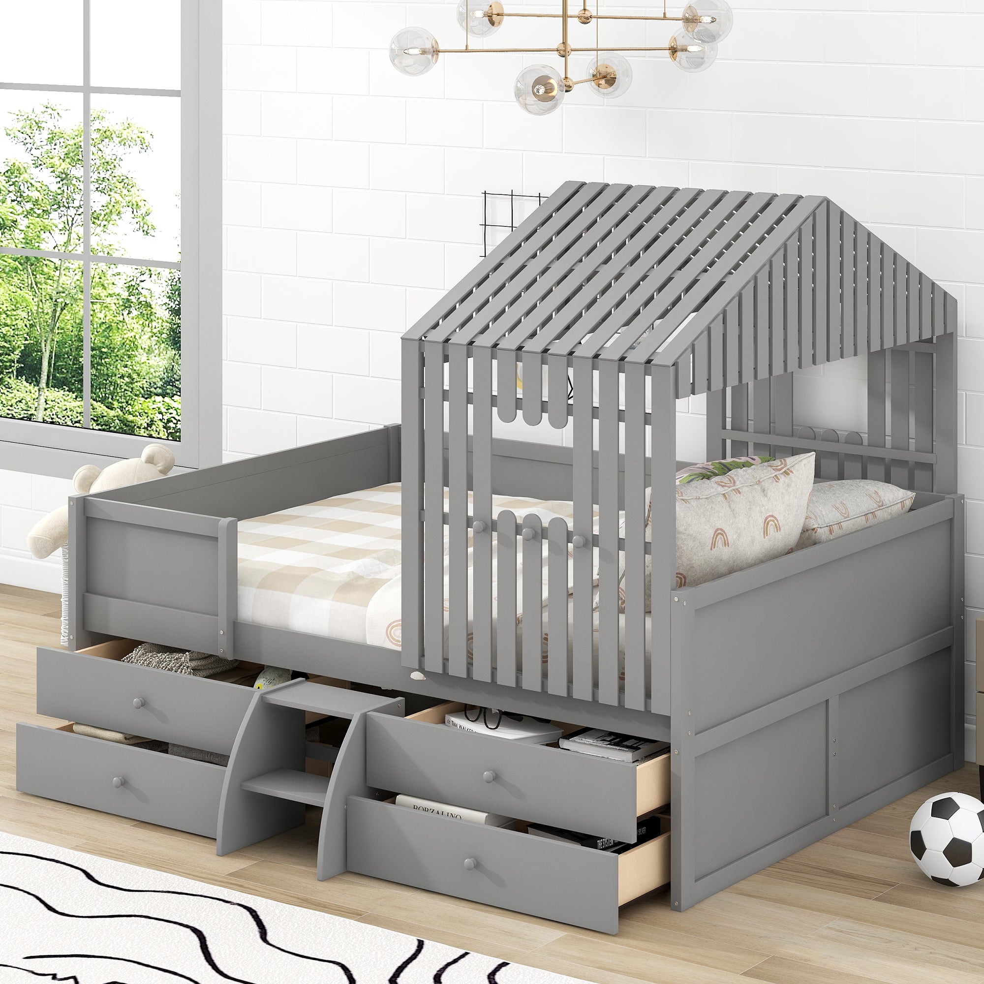 Royard Oaktree Full Size Low Loft Bed with Four Drawers, House-shaped Loft Bed Frame with Roof and Window, Wood Low Loft Bed with Guardrails and Ladder for Boys and Girls