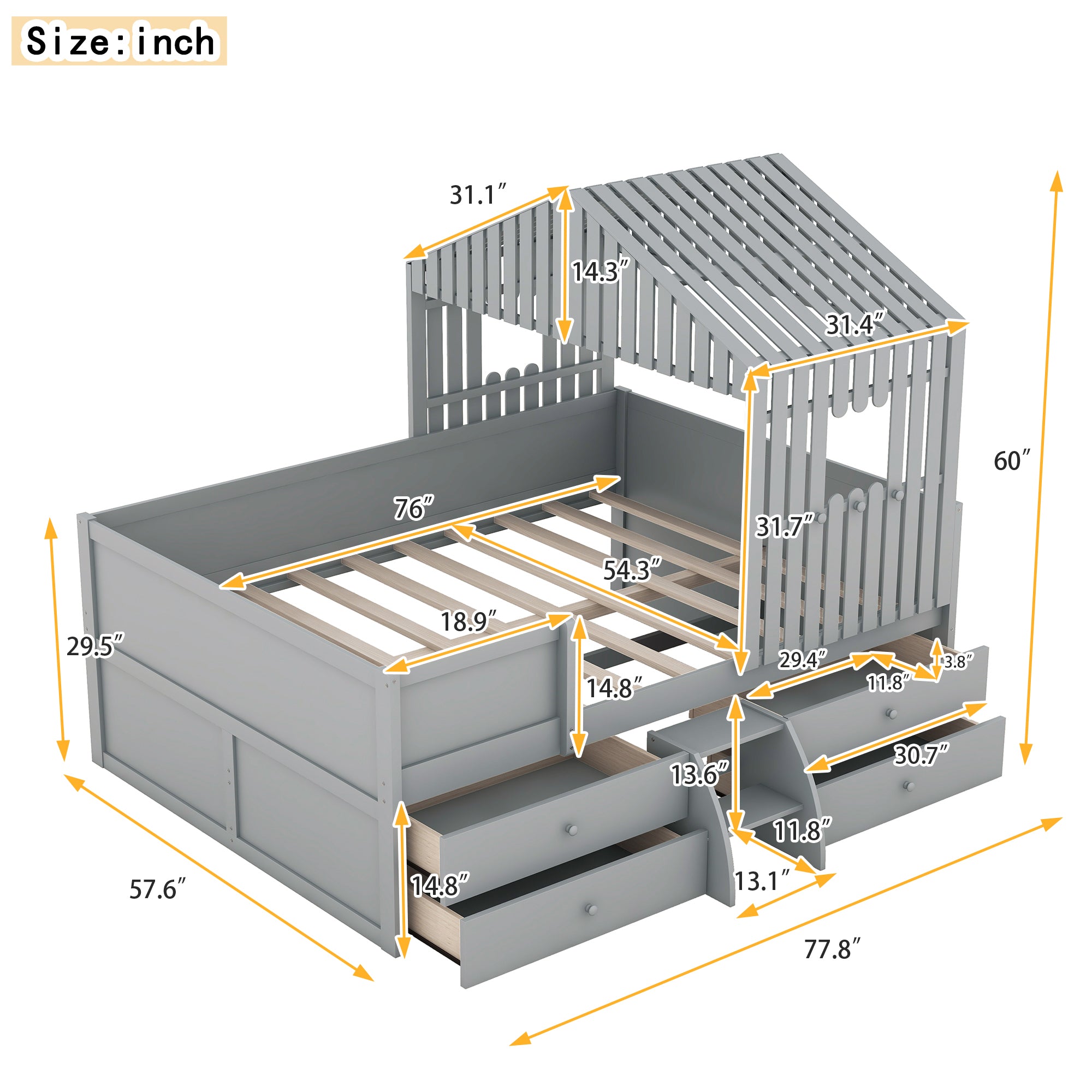 Royard Oaktree Full Size Low Loft Bed with Four Drawers, House-shaped Loft Bed Frame with Roof and Window, Wood Low Loft Bed with Guardrails and Ladder for Boys and Girls