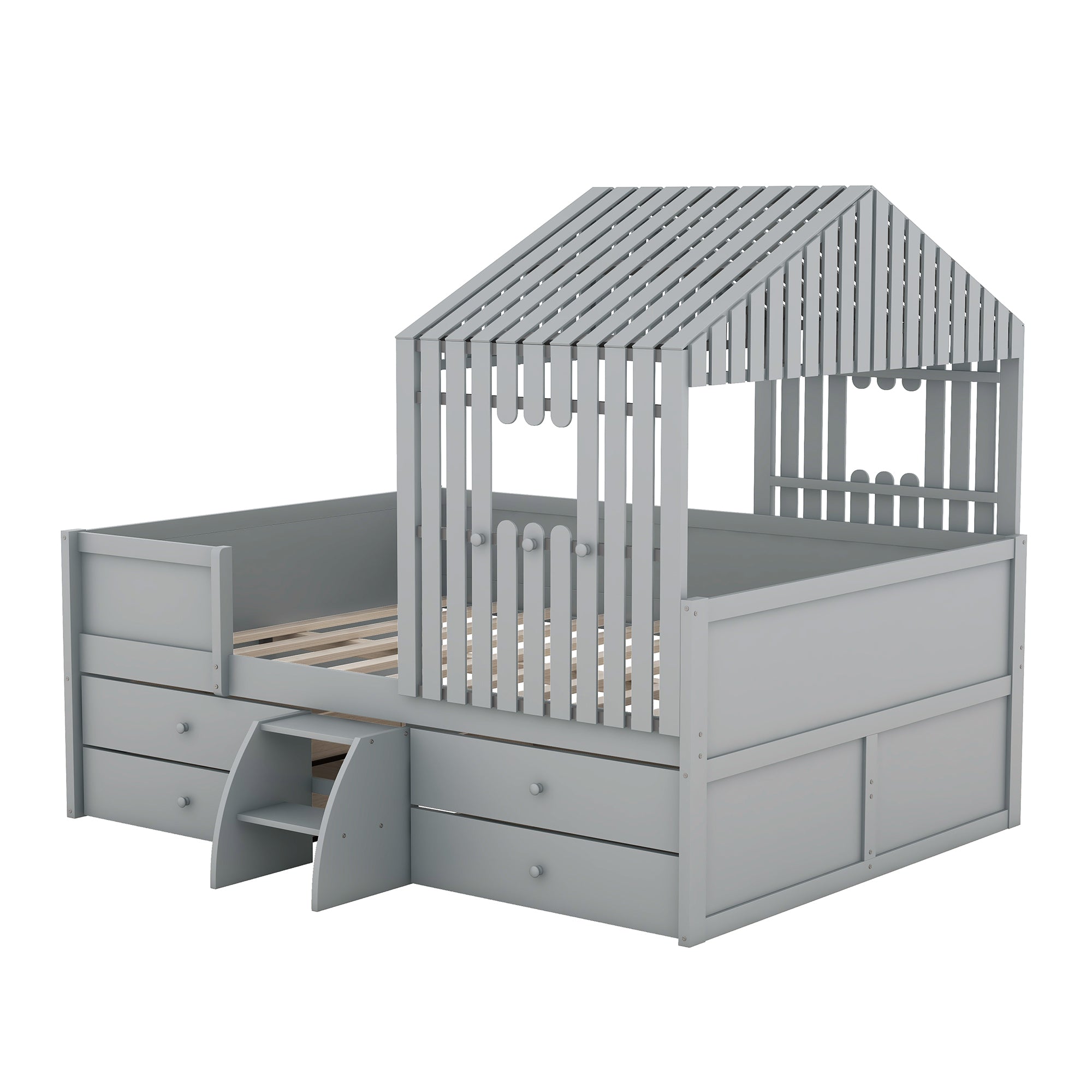 Royard Oaktree Full Size Low Loft Bed with Four Drawers, House-shaped Loft Bed Frame with Roof and Window, Wood Low Loft Bed with Guardrails and Ladder for Boys and Girls