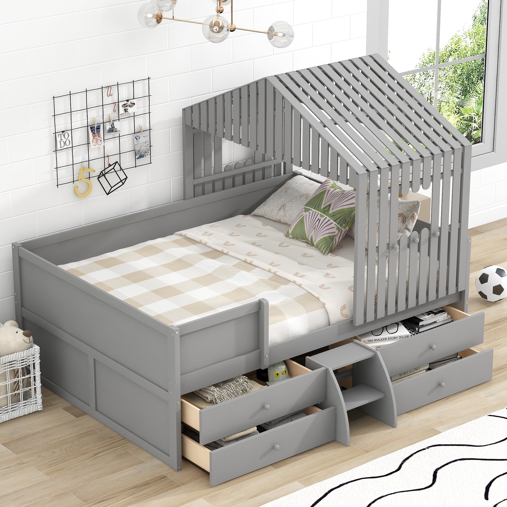 Royard Oaktree Full Size Low Loft Bed with Four Drawers, House-shaped Loft Bed Frame with Roof and Window, Wood Low Loft Bed with Guardrails and Ladder for Boys and Girls