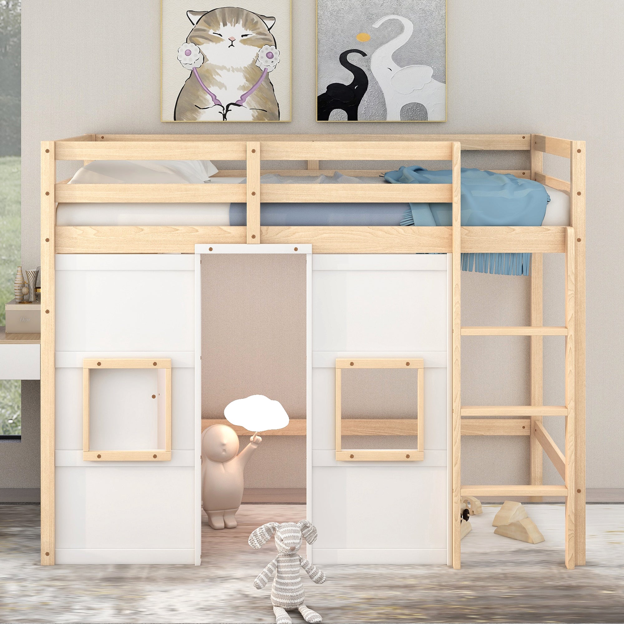 Royard Oaktree Twin Size Loft Bed with House Door and Windows, Wood Loft Bed Frame with Built-in Storage Wardrobe, Multi-functional Loft Bed with Guardrails and Ladder for Kids Teens