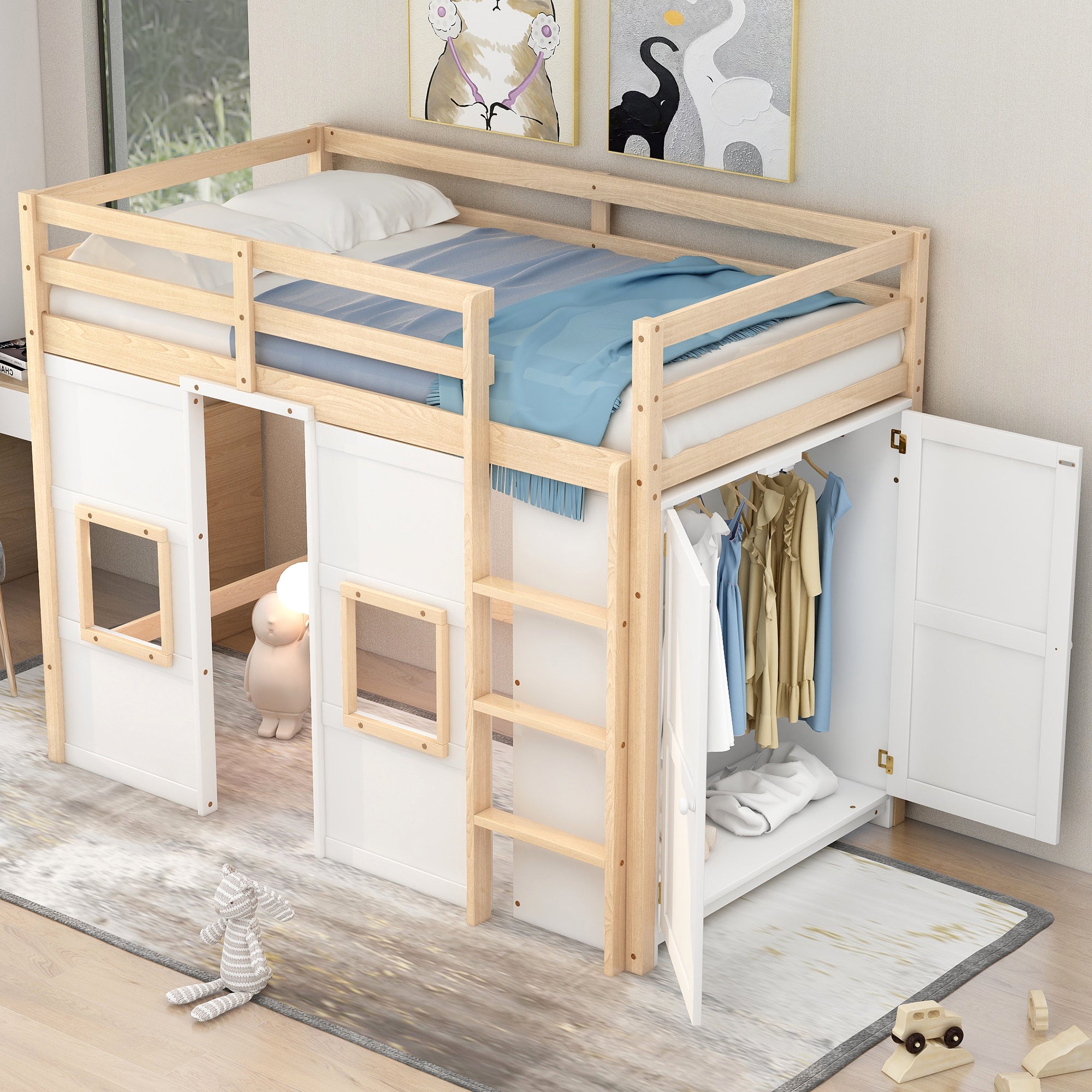 Royard Oaktree Twin Size Loft Bed with House Door and Windows, Wood Loft Bed Frame with Built-in Storage Wardrobe, Multi-functional Loft Bed with Guardrails and Ladder for Kids Teens