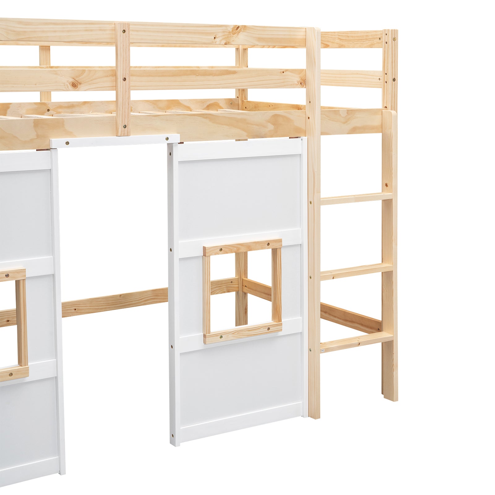 Royard Oaktree Twin Size Loft Bed with House Door and Windows, Wood Loft Bed Frame with Built-in Storage Wardrobe, Multi-functional Loft Bed with Guardrails and Ladder for Kids Teens