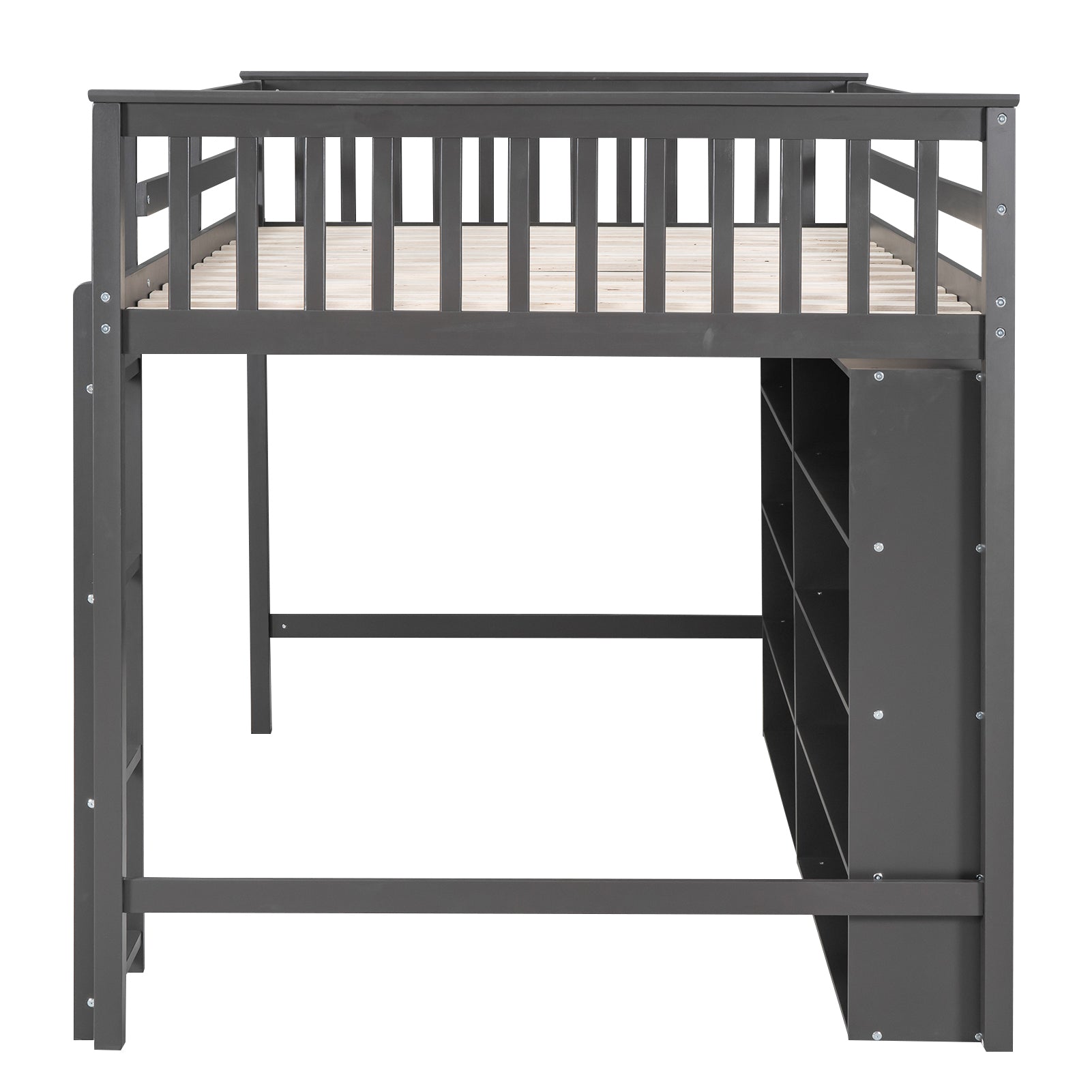 Royard Oaktree Loft Bed with 8 Open Storage Shelves Wood Loft Bed Frame with Built-in Ladder and Safety Guardrails Multi-functional Loft Bed with Bookshelf for Teens Adults