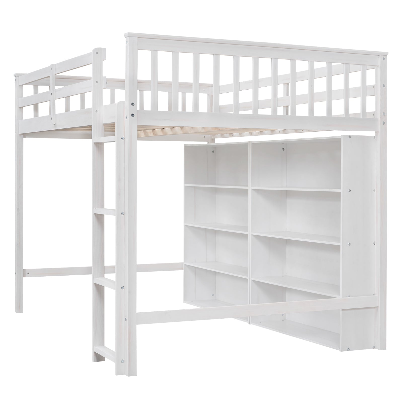 Royard Oaktree Loft Bed with 8 Open Storage Shelves Wood Loft Bed Frame with Built-in Ladder and Safety Guardrails Multi-functional Loft Bed with Bookshelf for Teens Adults