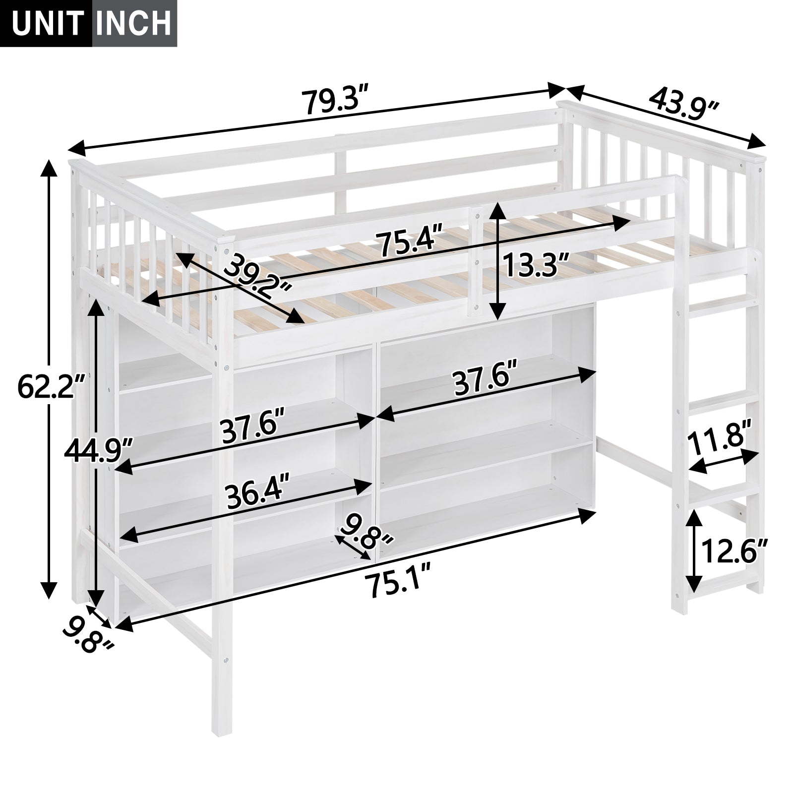 Royard Oaktree Loft Bed with 8 Open Storage Shelves Wood Loft Bed Frame with Built-in Ladder and Safety Guardrails Multi-functional Loft Bed with Bookshelf for Teens Adults