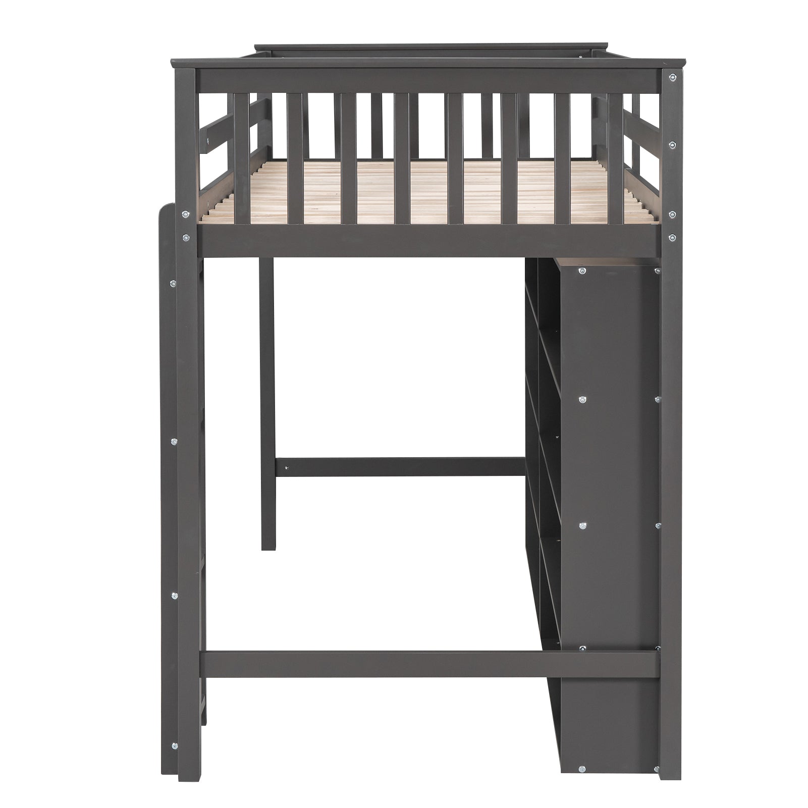 Royard Oaktree Loft Bed with 8 Open Storage Shelves Wood Loft Bed Frame with Built-in Ladder and Safety Guardrails Multi-functional Loft Bed with Bookshelf for Teens Adults