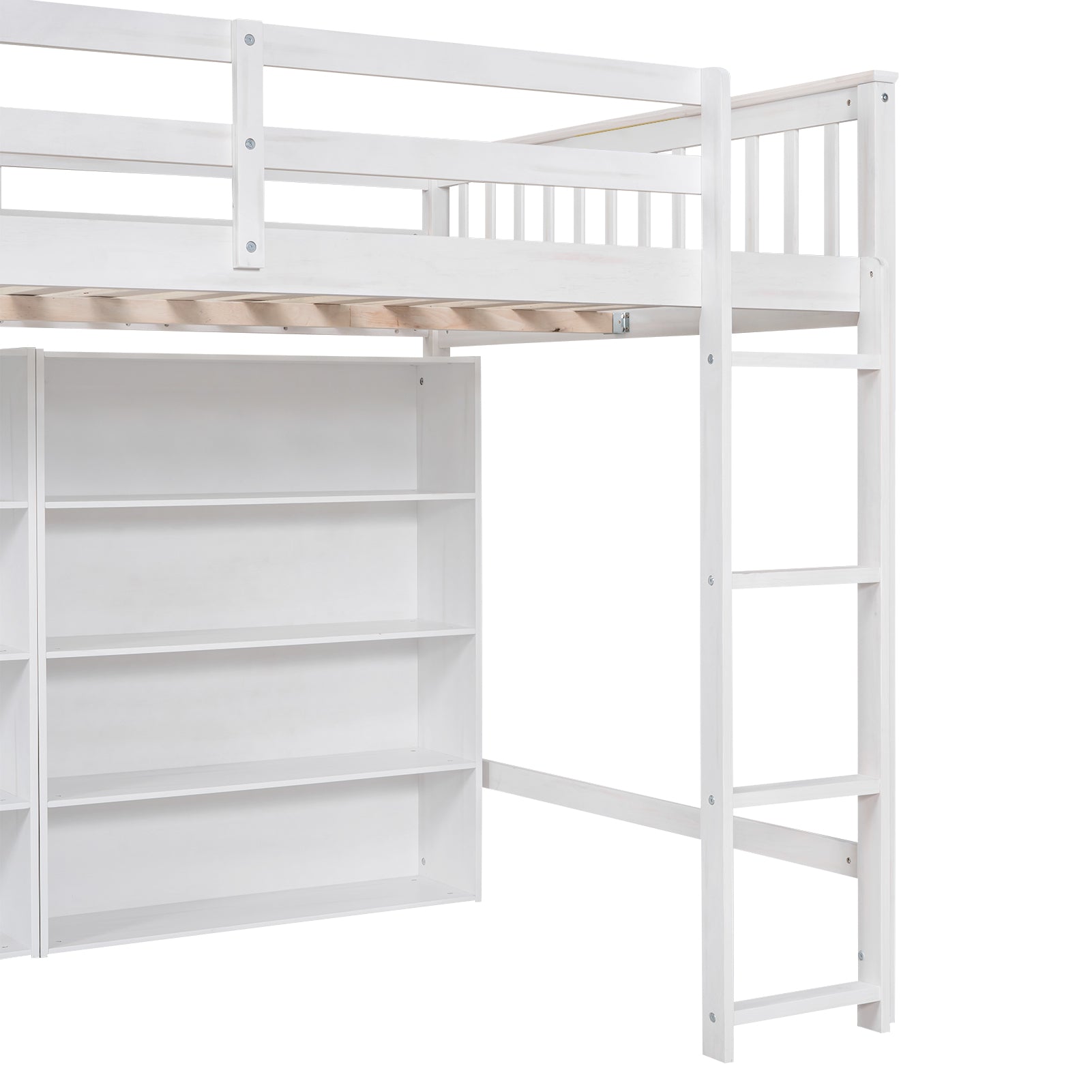 Royard Oaktree Loft Bed with 8 Open Storage Shelves Wood Loft Bed Frame with Built-in Ladder and Safety Guardrails Multi-functional Loft Bed with Bookshelf for Teens Adults