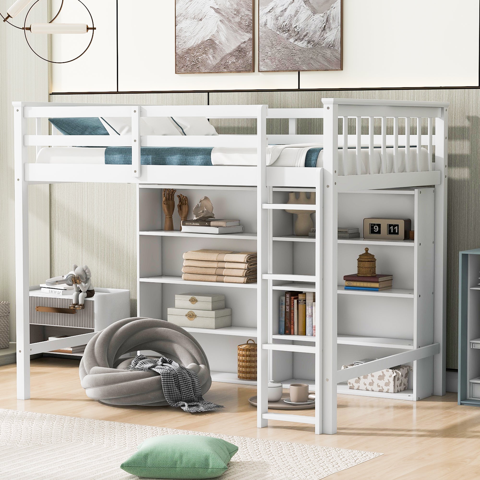 Royard Oaktree Loft Bed with 8 Open Storage Shelves Wood Loft Bed Frame with Built-in Ladder and Safety Guardrails Multi-functional Loft Bed with Bookshelf for Teens Adults